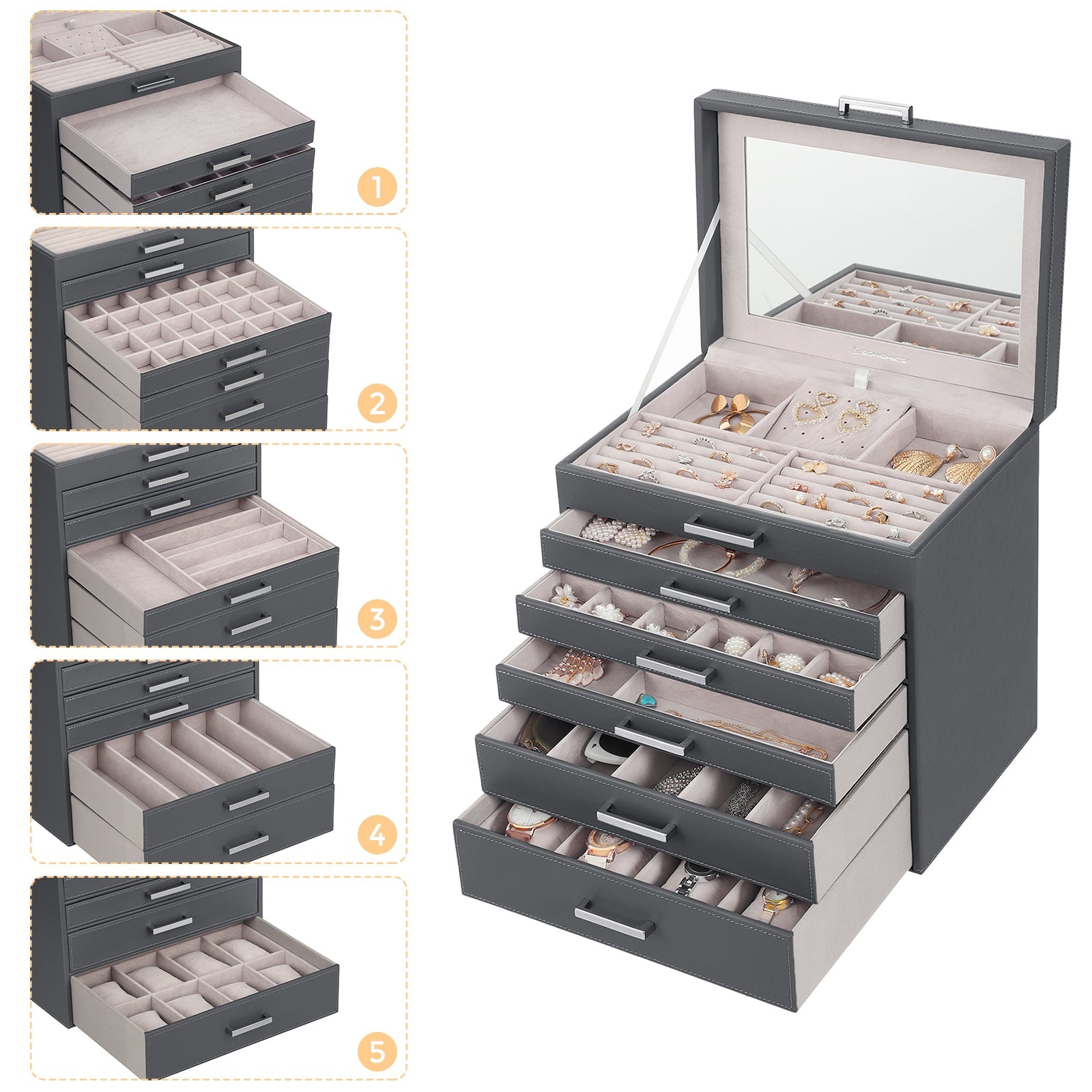 6-Layer Grey Jewellery Box with Drawers and Mirror, SONGMICS