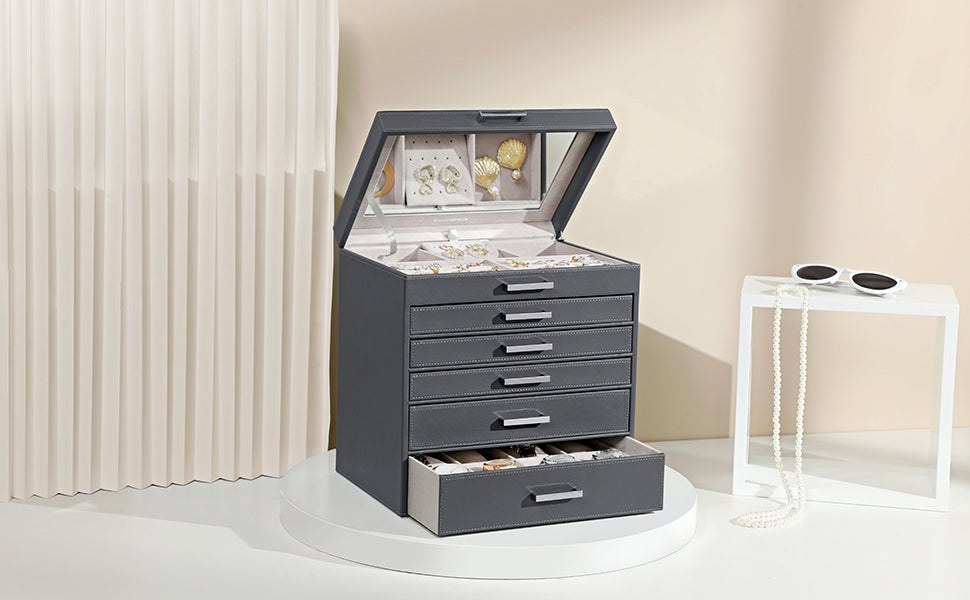 6-Layer Grey Jewellery Box with Drawers and Mirror, SONGMICS