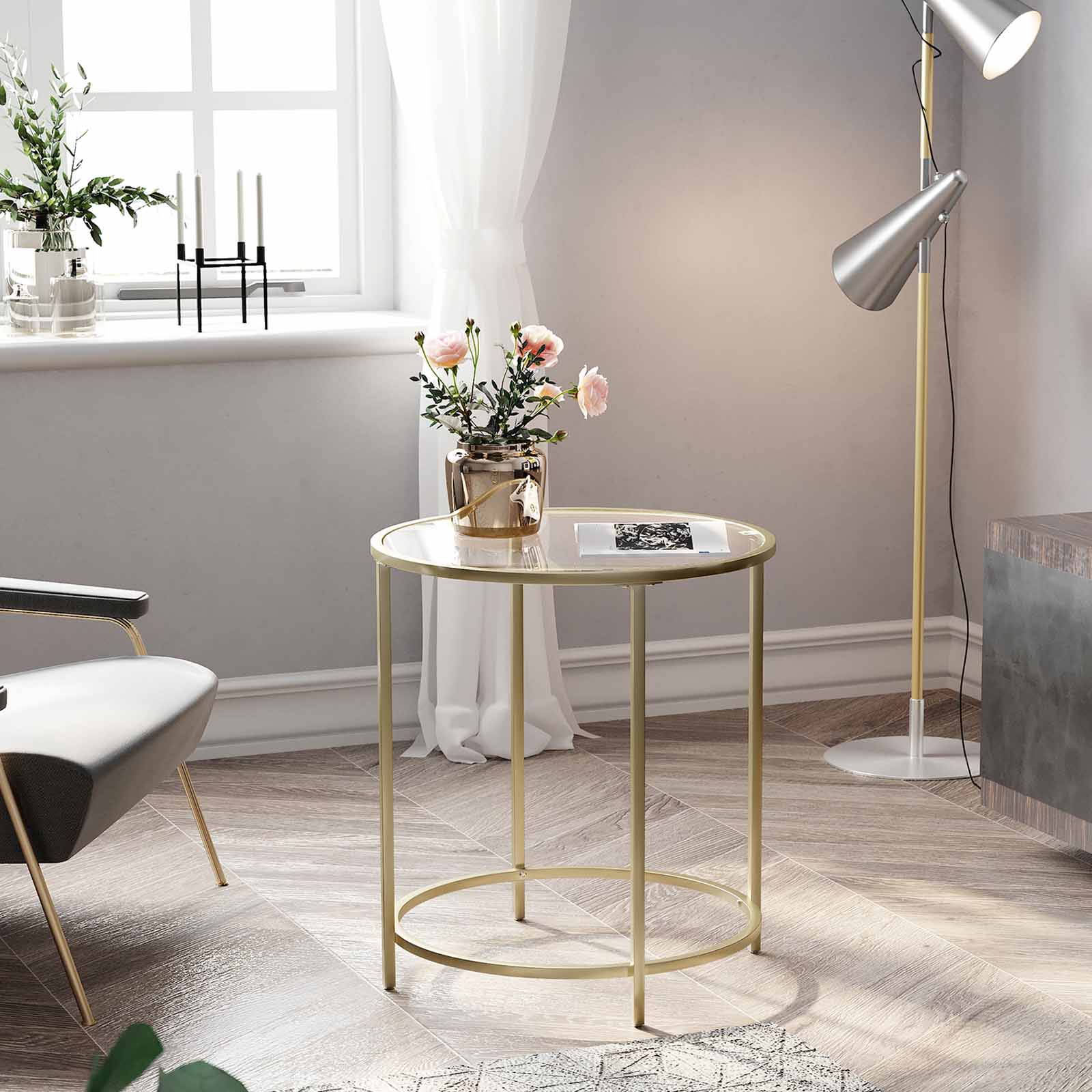 Minimalist Gold Side Table Tempered Glass Top - VASAGLE