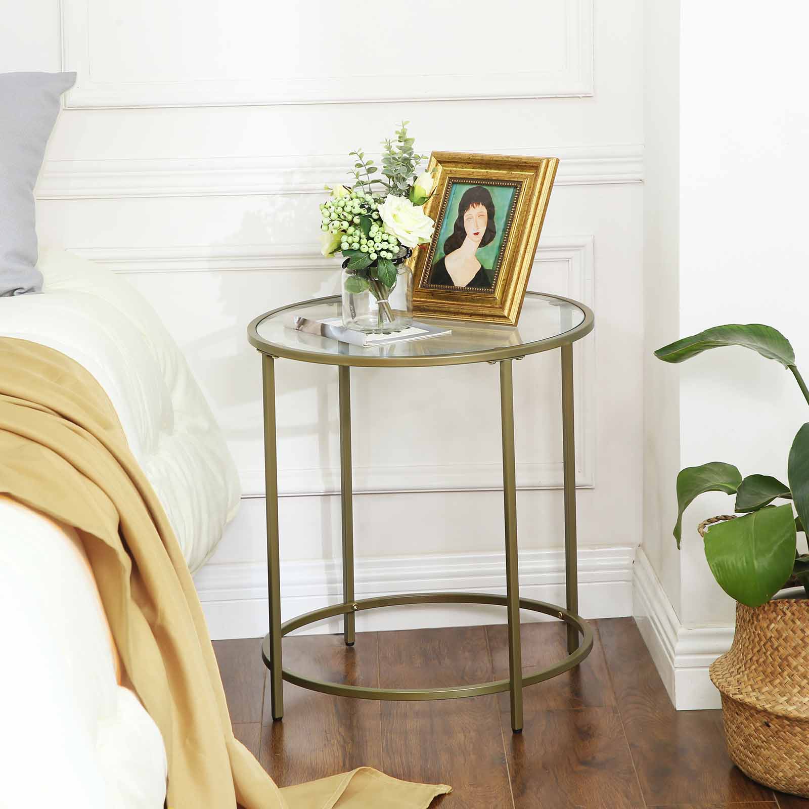 Minimalist Gold Side Table Tempered Glass Top - VASAGLE