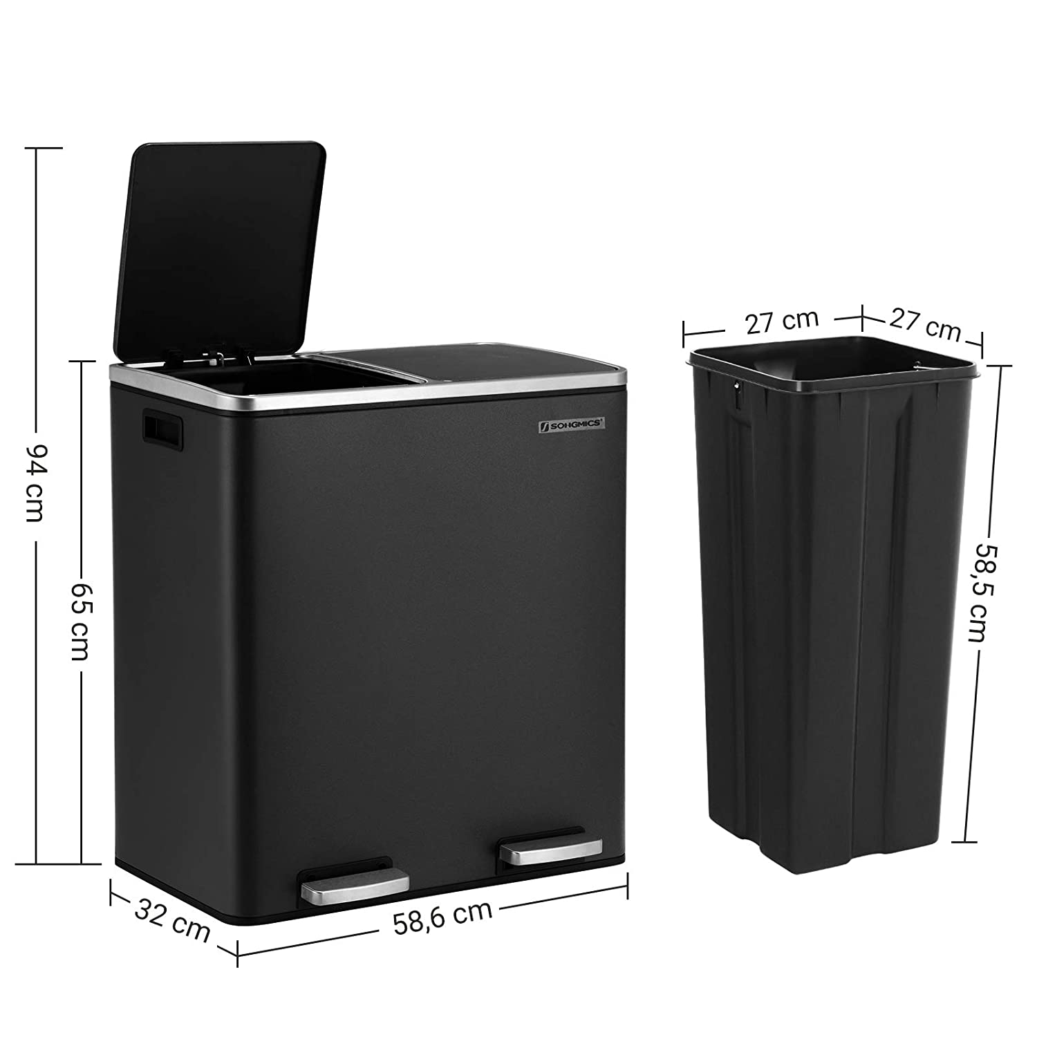 Dual Compartment 2x30L Pedal Recycling Bin Black - SONGMICS