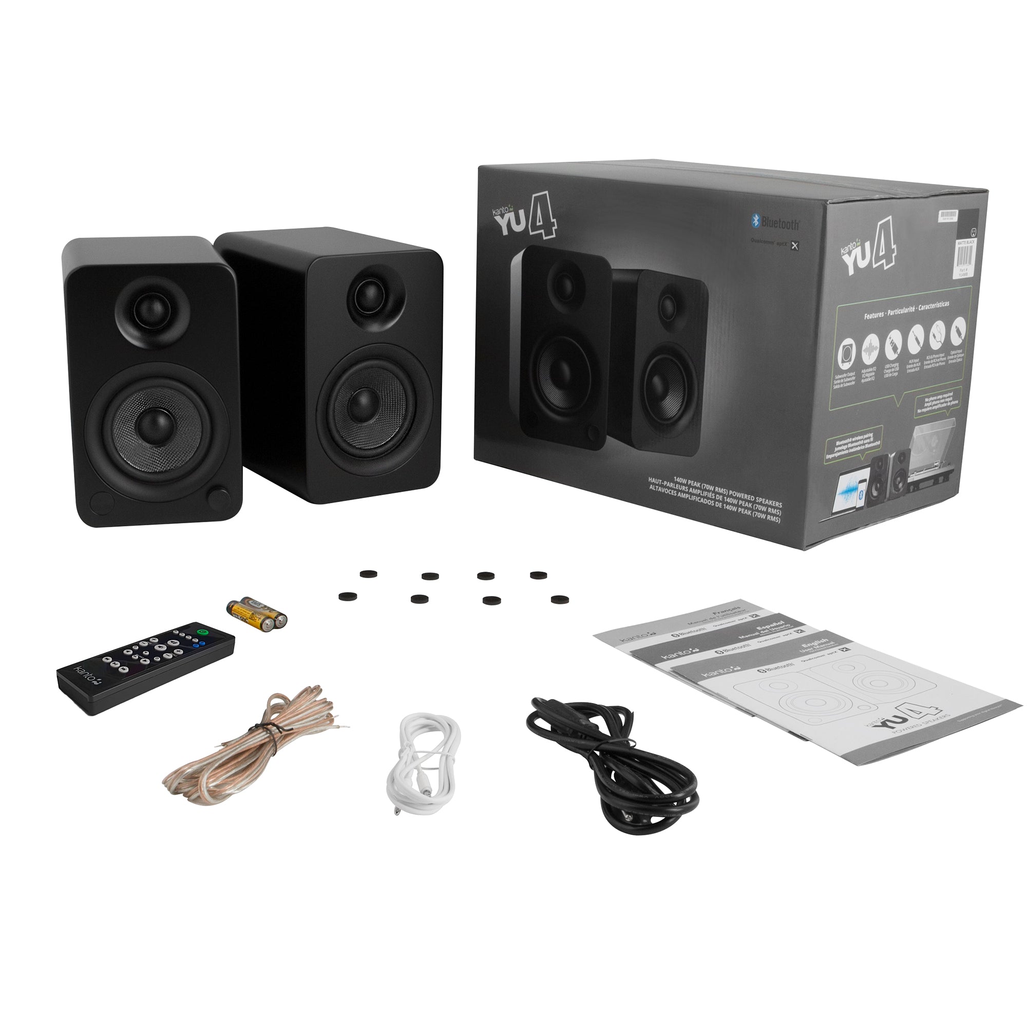 Bluetooth 140W Bookshelf Speakers w/Stands, Black - Kanto YU4