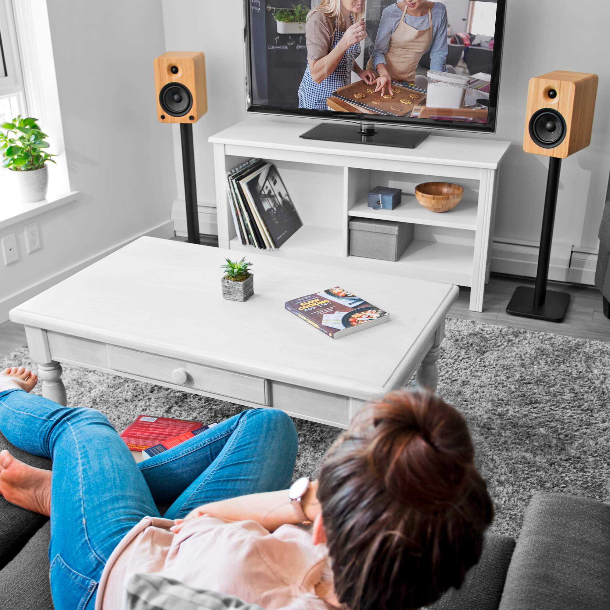 200W Bluetooth Bookshelf Speakers, Phono Preamp - Kanto YU6 Bamboo, Pair, with SP26PL Stands