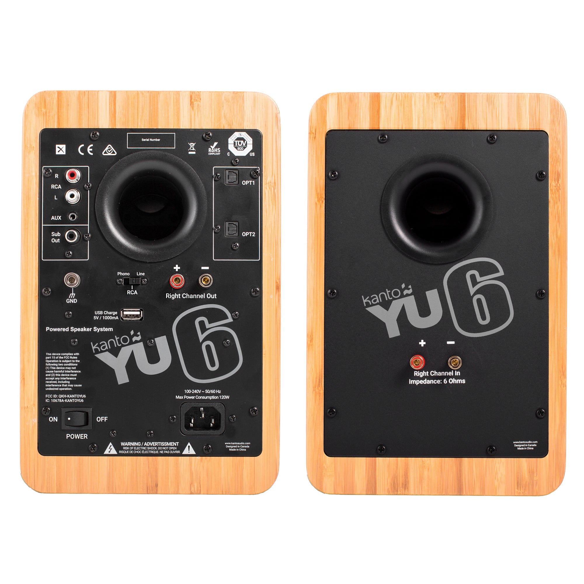 200W Bluetooth Bookshelf Speakers, Phono Preamp - Kanto YU6 Bamboo, Pair, with SP26PL Stands