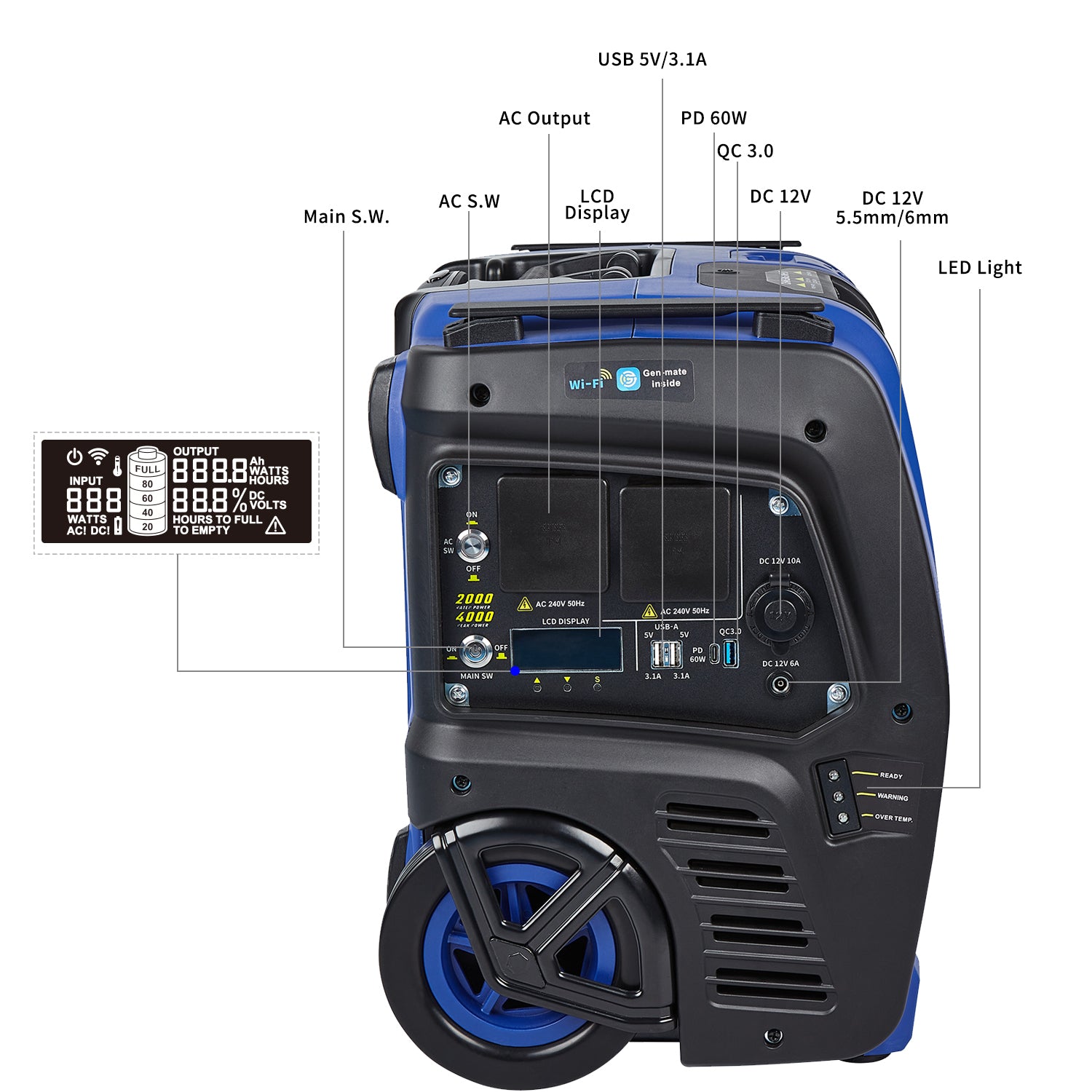 2000W Solar Inverter Portable Power Station, LCD Display