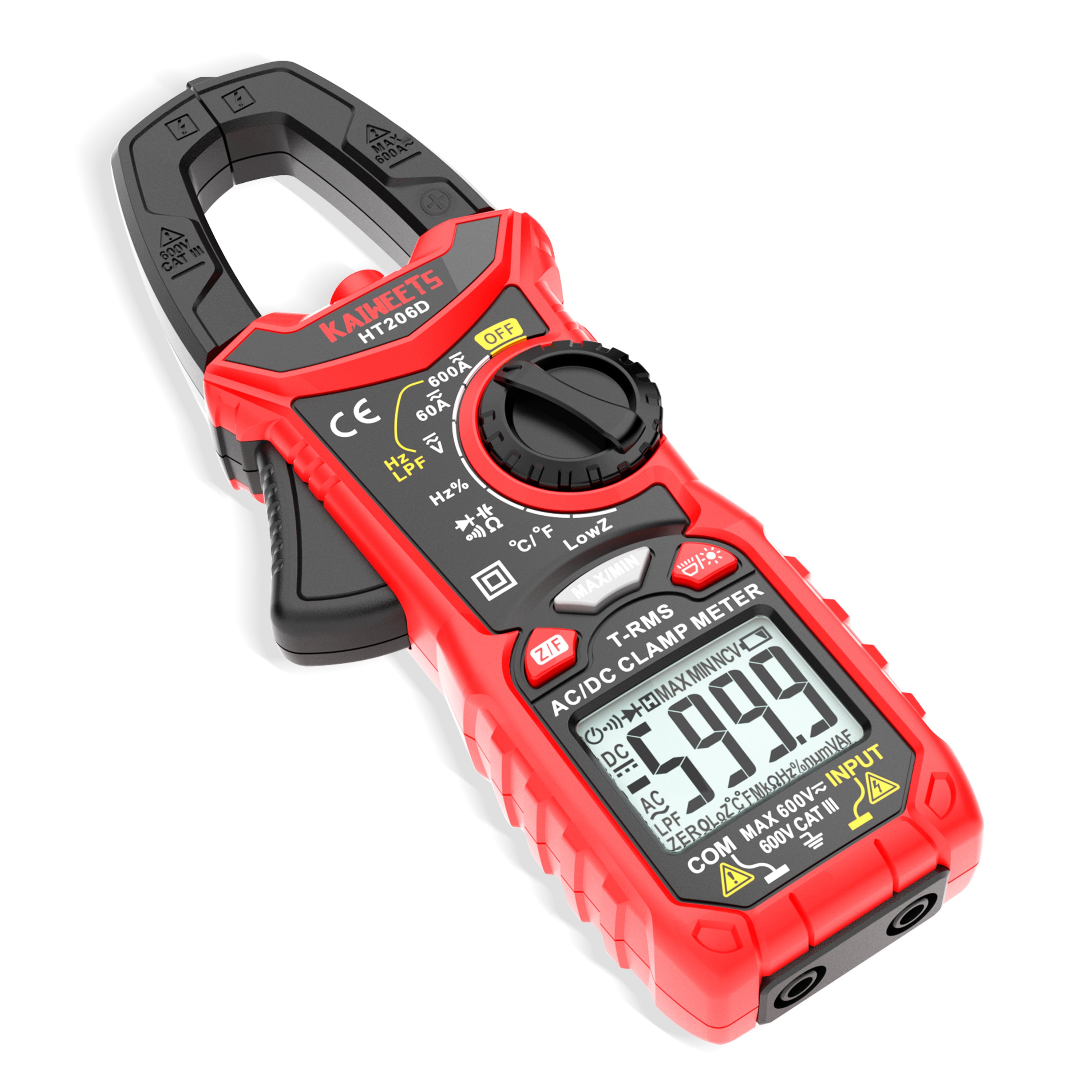 KAIWEETS HT206D Digital Clamp Meter T-RMS 6000 Counts, Multimeter Voltage Tester Auto-ranging, Measures Current Voltage Temperature Capacitance Resistance Diodes Continuity Duty-Cycle AC/DC Current