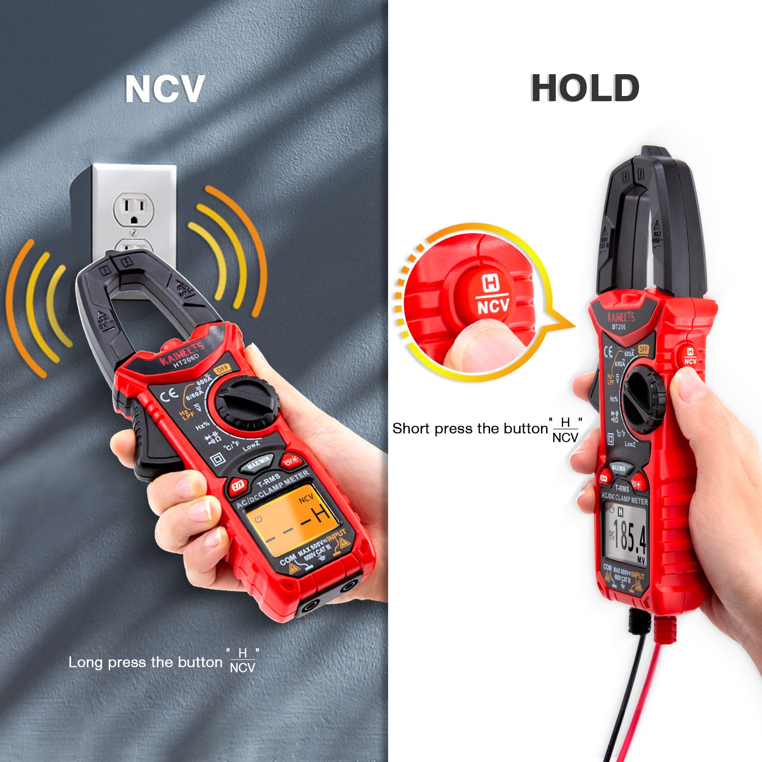 KAIWEETS HT206D Digital Clamp Meter T-RMS 6000 Counts, Multimeter Voltage Tester Auto-ranging, Measures Current Voltage Temperature Capacitance Resistance Diodes Continuity Duty-Cycle AC/DC Current