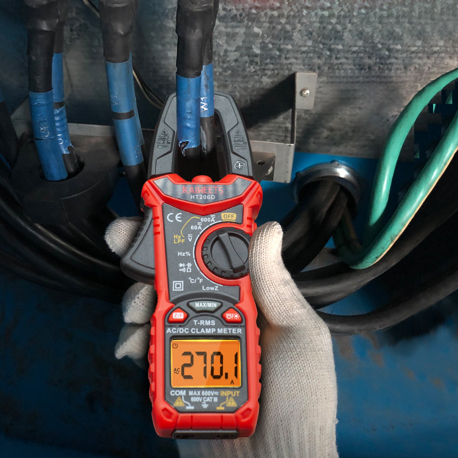 KAIWEETS HT206D Digital Clamp Meter T-RMS 6000 Counts, Multimeter Voltage Tester Auto-ranging, Measures Current Voltage Temperature Capacitance Resistance Diodes Continuity Duty-Cycle AC/DC Current