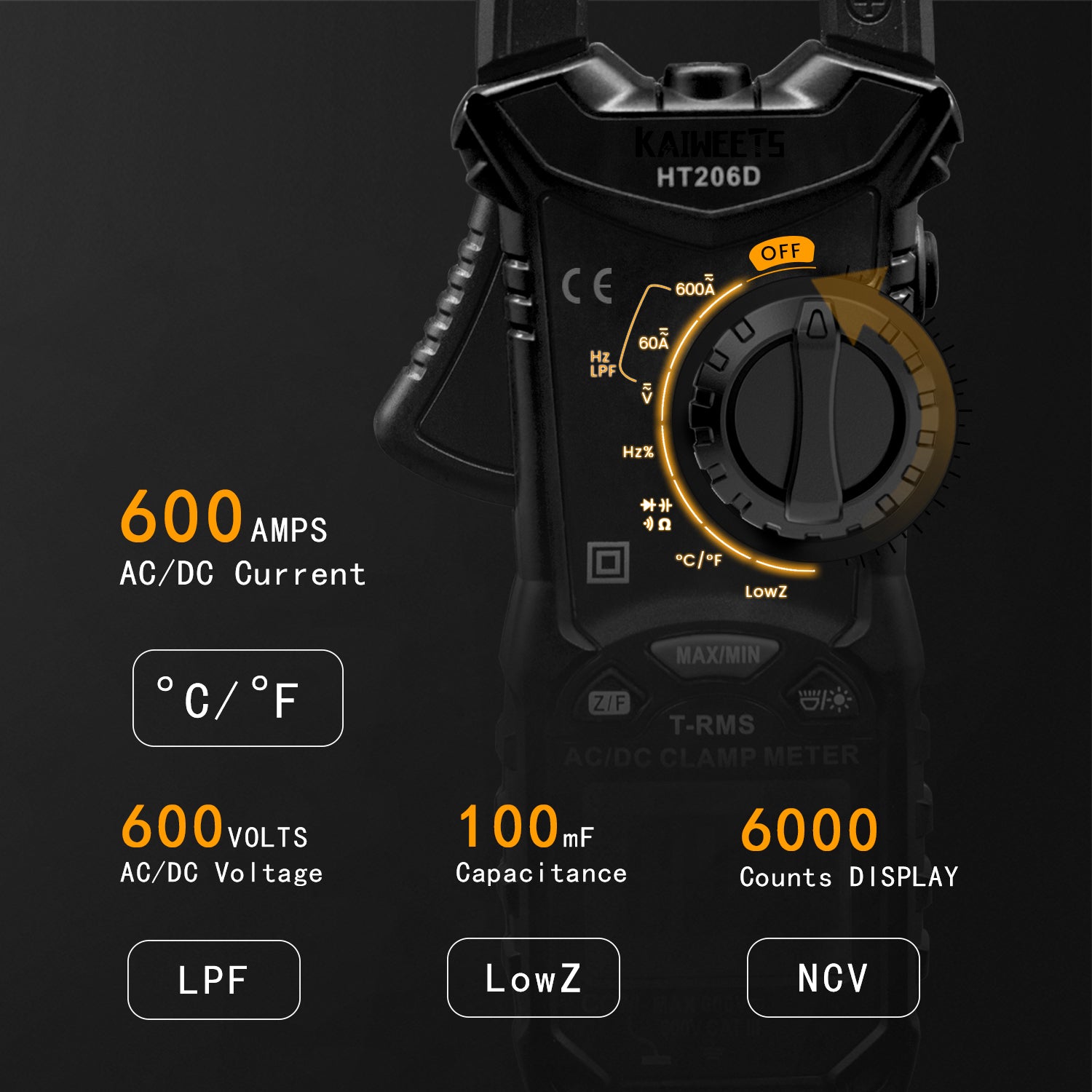 KAIWEETS HT206D Digital Clamp Meter T-RMS 6000 Counts, Multimeter Voltage Tester Auto-ranging, Measures Current Voltage Temperature Capacitance Resistance Diodes Continuity Duty-Cycle AC/DC Current