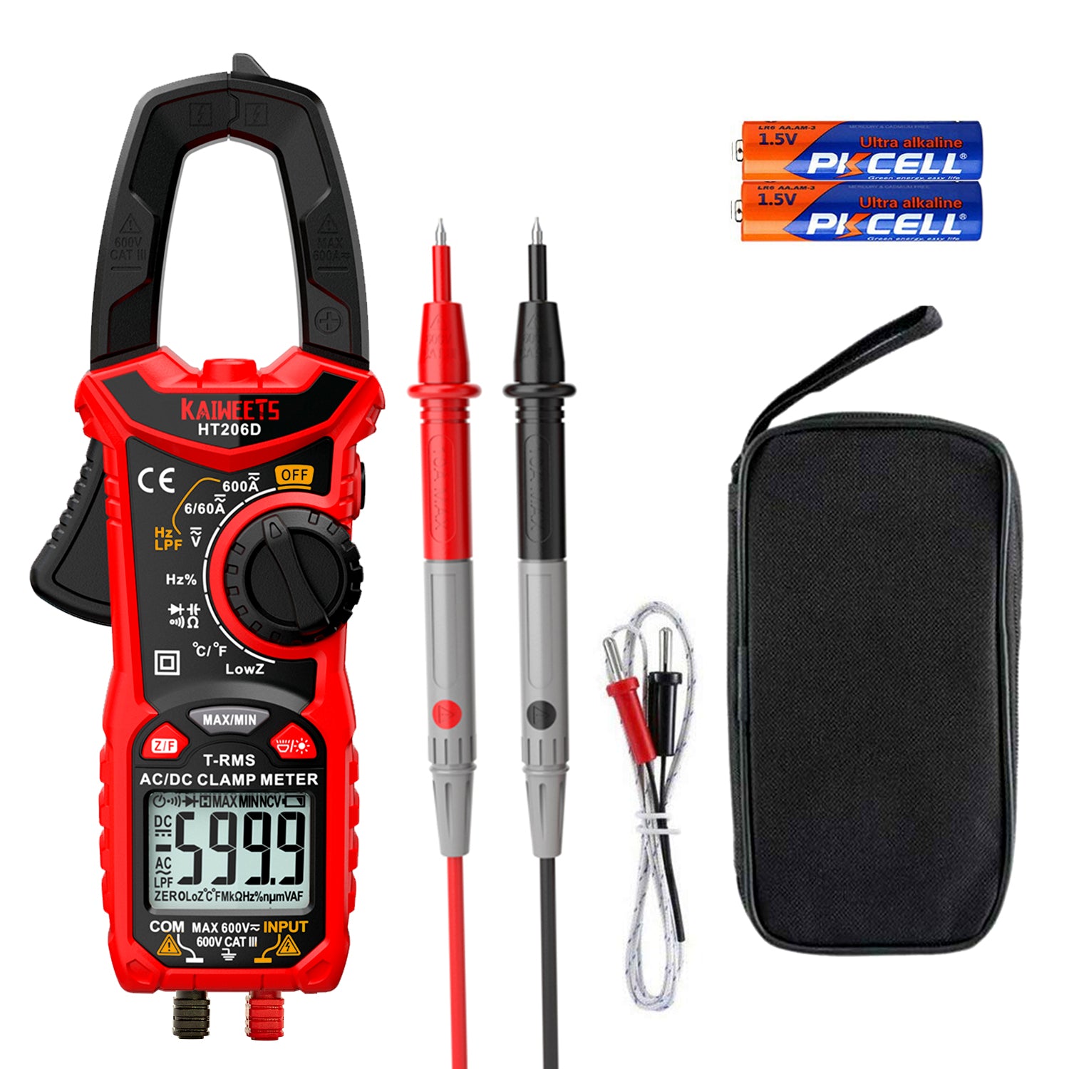 KAIWEETS HT206D Digital Clamp Meter T-RMS 6000 Counts, Multimeter Voltage Tester Auto-ranging, Measures Current Voltage Temperature Capacitance Resistance Diodes Continuity Duty-Cycle AC/DC Current