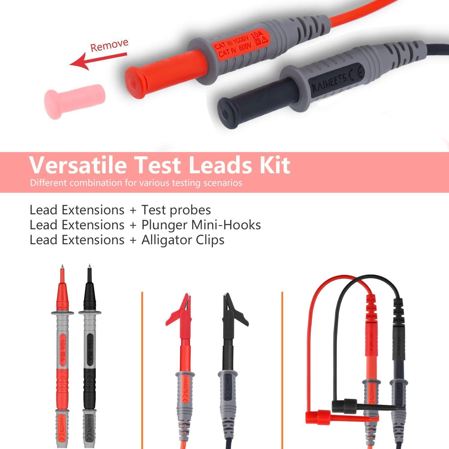 KAIWEETS Soft Silicone Electrician Test Leads Kit CAT III 1000V & CAT IV 600V with Alligator Clips and Needle Probe for Fluke/AstroAI/INNOVA Multimeter Electronic Clamp Meter 8PCS