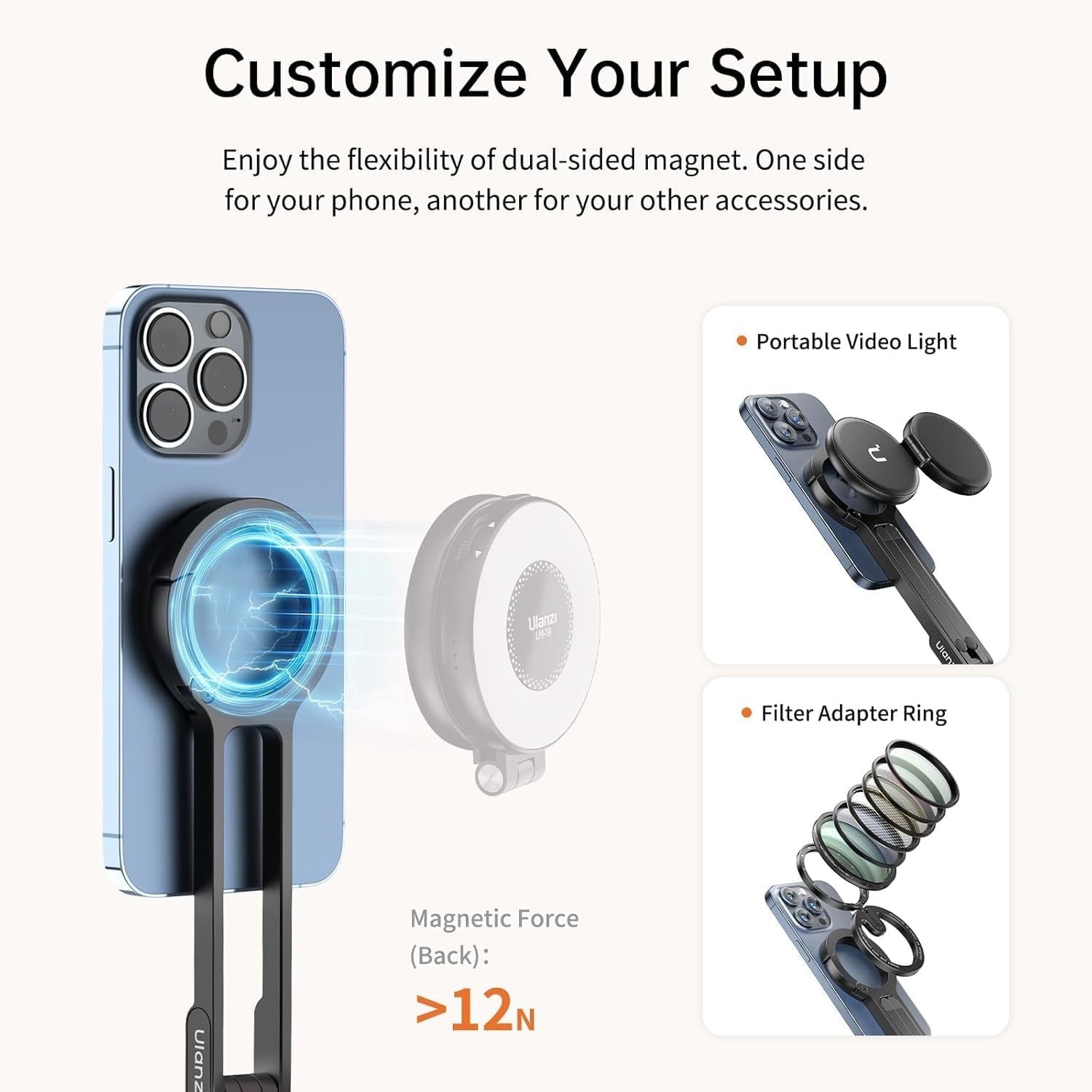 ULANZI MA30 Magnetic Phone Tripod Stand for iPhone - Aluminium Maglock Smartphone Mini Tripod Pocket Cell Phone Stand Dual-Sided Magnet Quick Mount Compatible with iPhone 16 15 14 13 12 Magsafe Grey