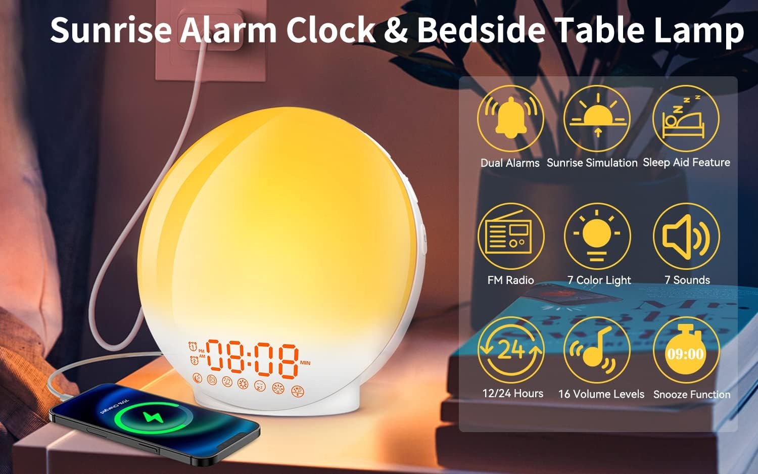 Sunrise Alarm Clock Wake Up Light, Dual Alarms, 20 Brightness Levels