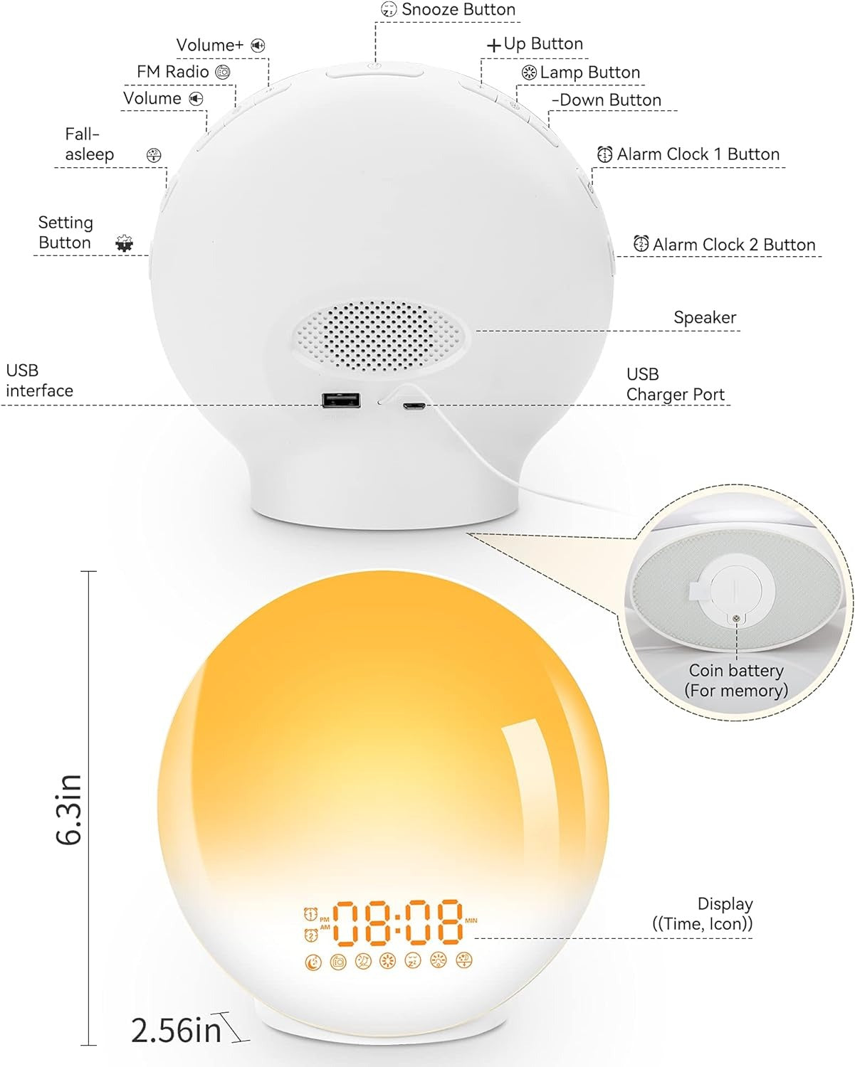 Sunrise Alarm Clock Wake Up Light, Dual Alarms, 20 Brightness Levels