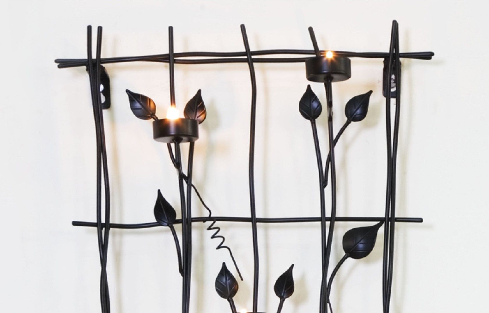 Leaf Style Black Metal Wall Art with 6 Tealight Holders