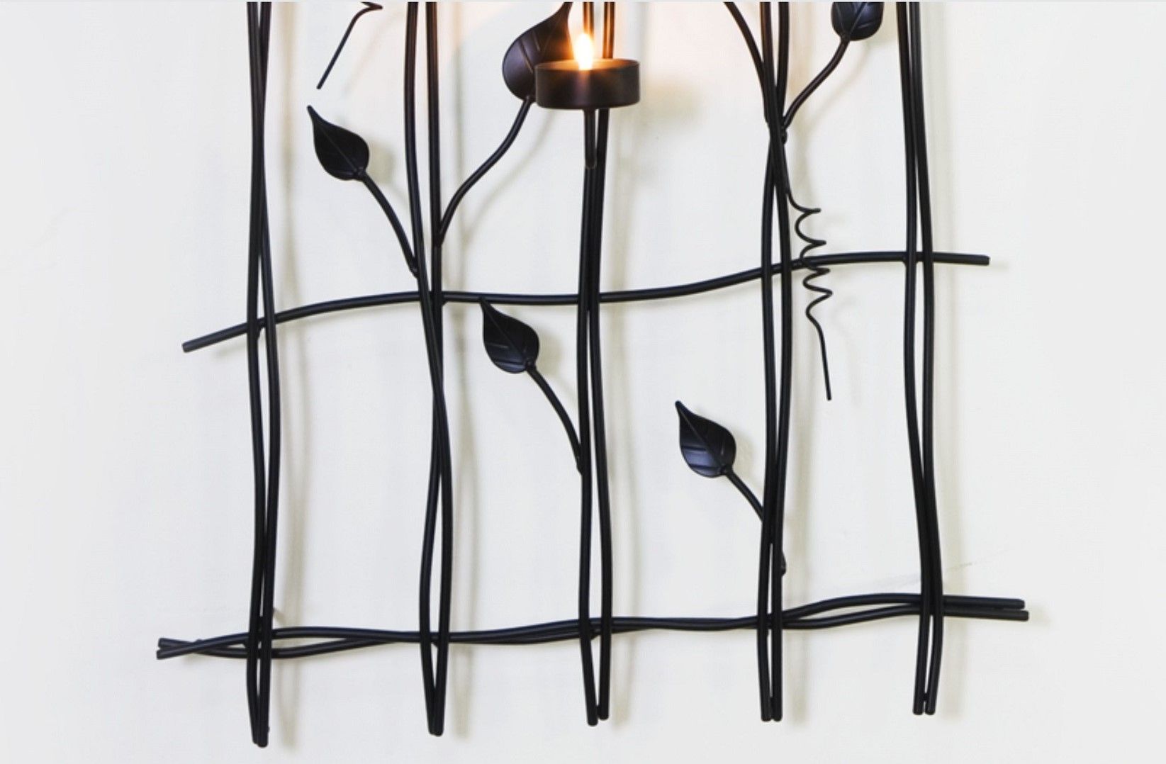 Leaf Style Black Metal Wall Art with 6 Tealight Holders