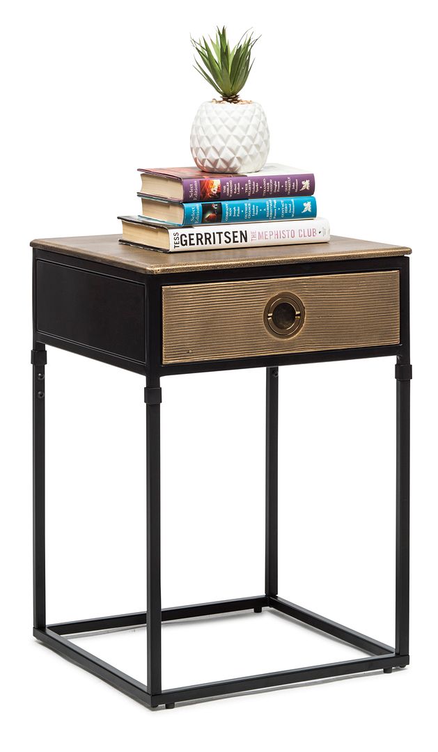 Black Iron Bedside Table with Storage Drawer and Gold Top