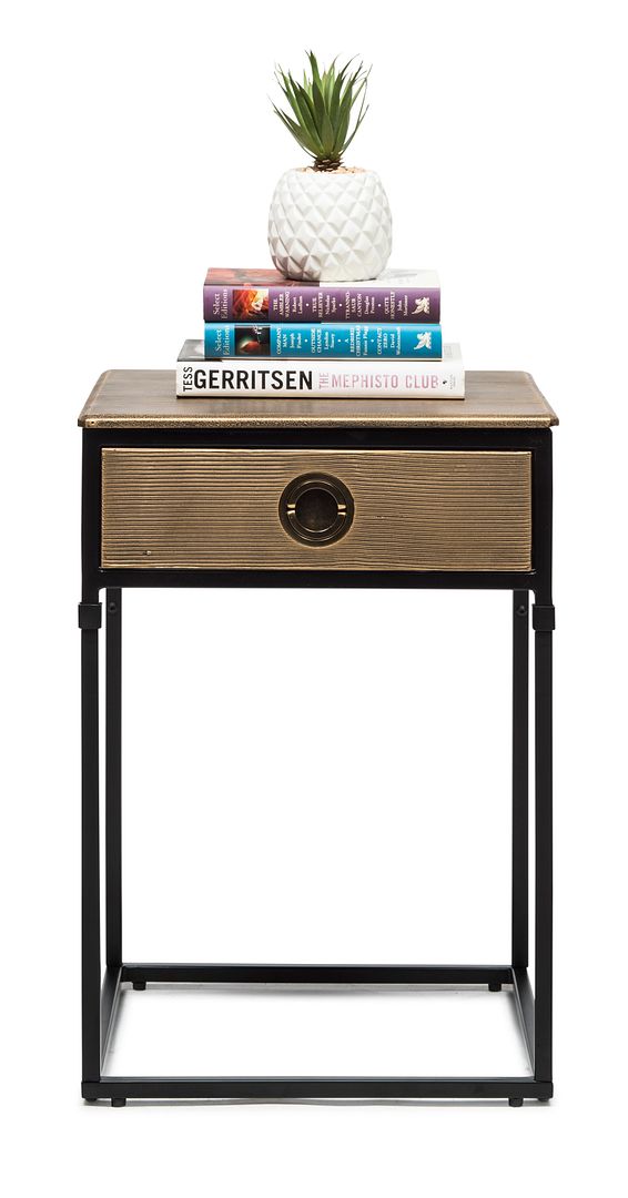 Black Iron Bedside Table with Storage Drawer and Gold Top