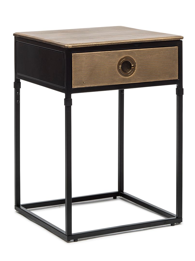 Black Iron Bedside Table with Storage Drawer and Gold Top