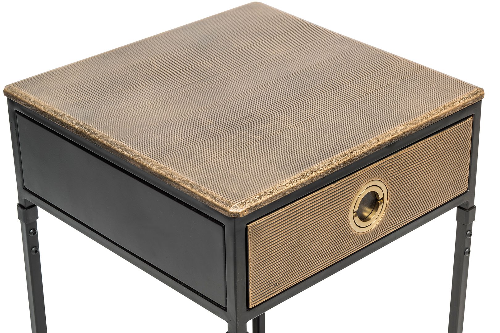 Black Iron Bedside Table with Storage Drawer and Gold Top