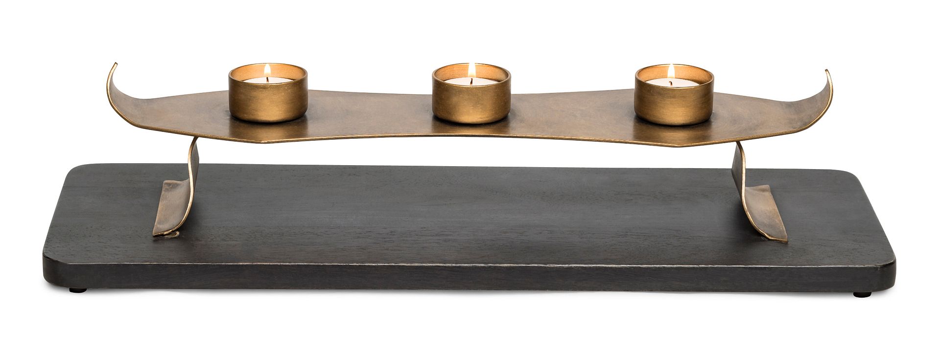 Black Gold Metal Tea Light Candle Holder with Wooden Base