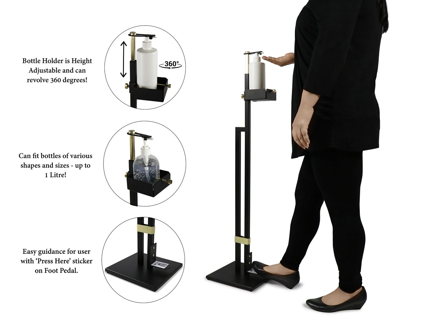 Adjustable Gold Black Touch-Free Sanitiser Dispenser Stand