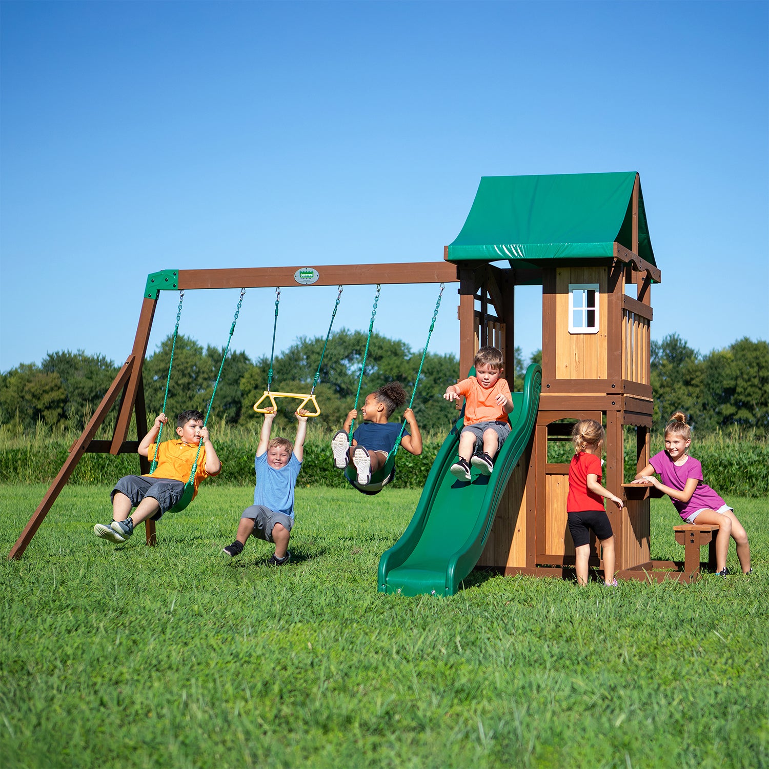 Raised Fort Play Centre, Belt Swings, Slide - Backyard Discovery