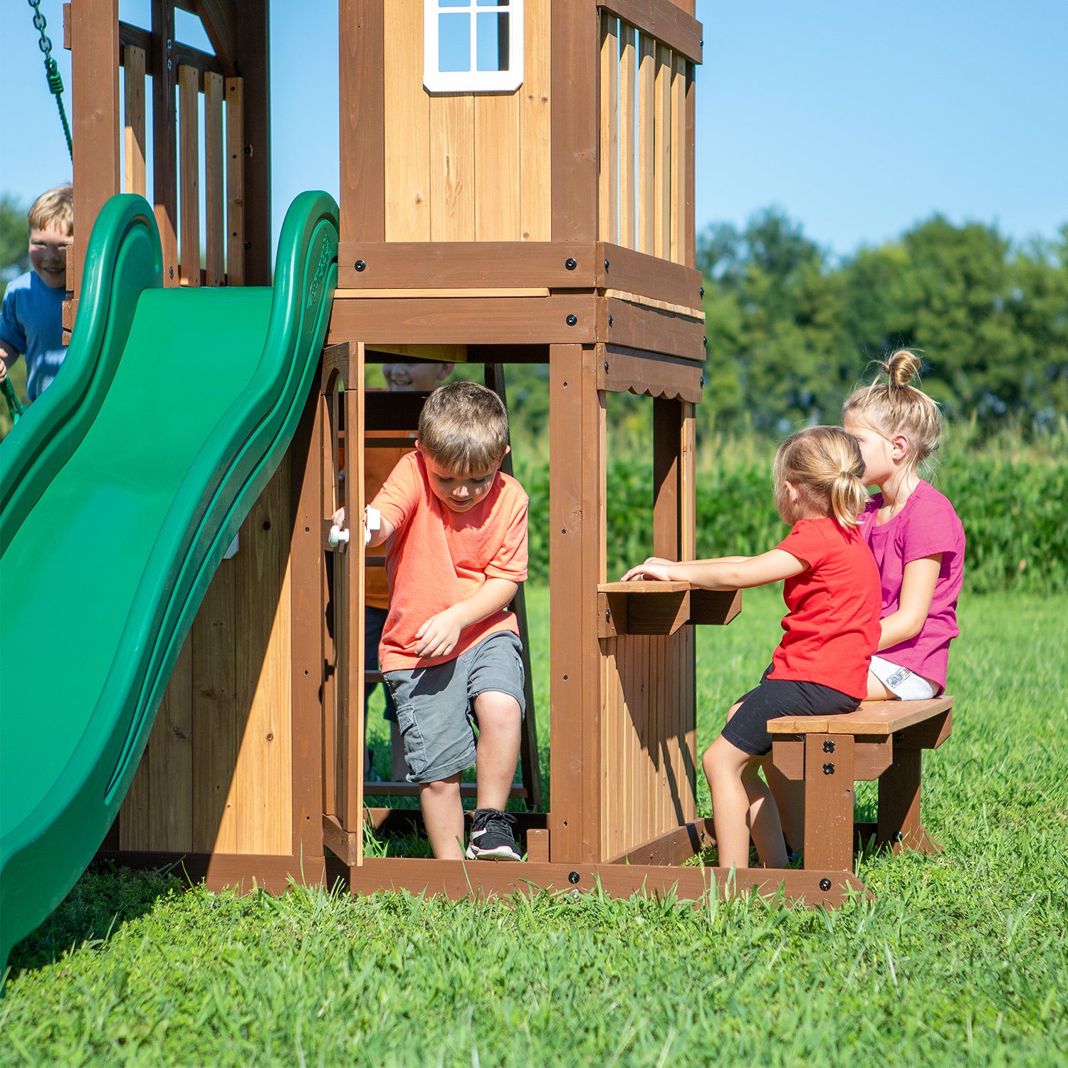 Raised Fort Play Centre, Belt Swings, Slide - Backyard Discovery