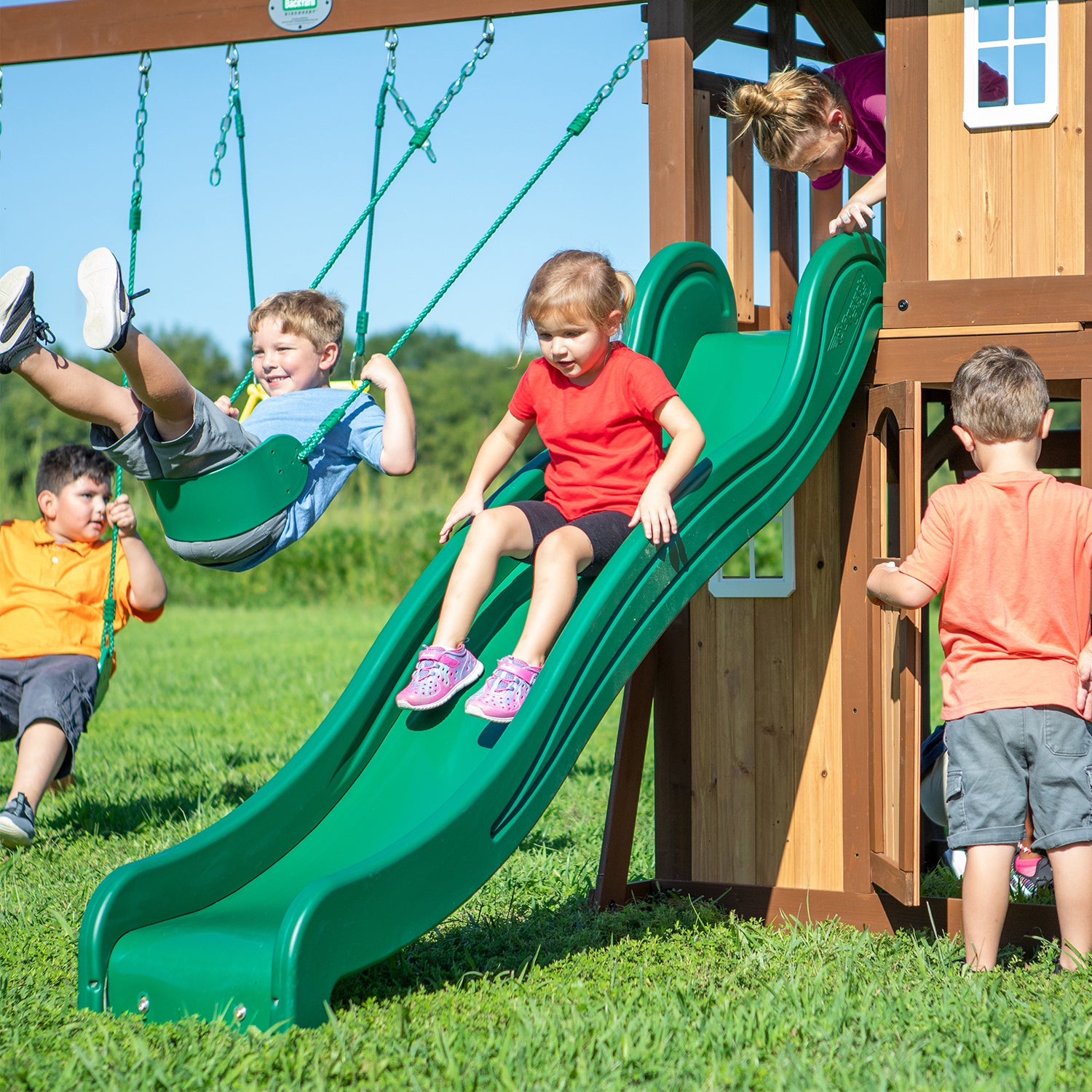 Raised Fort Play Centre, Belt Swings, Slide - Backyard Discovery