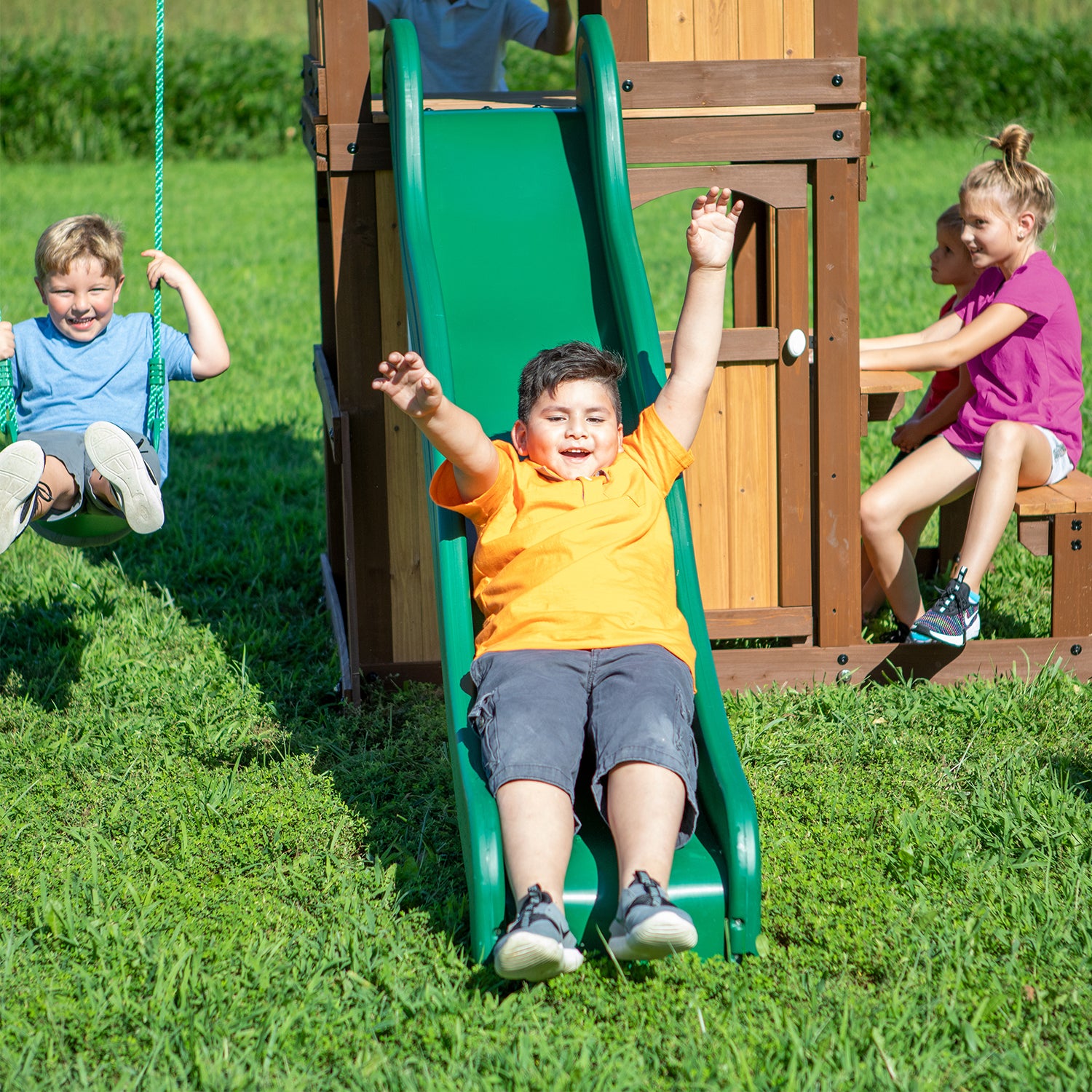 Raised Fort Play Centre, Belt Swings, Slide - Backyard Discovery