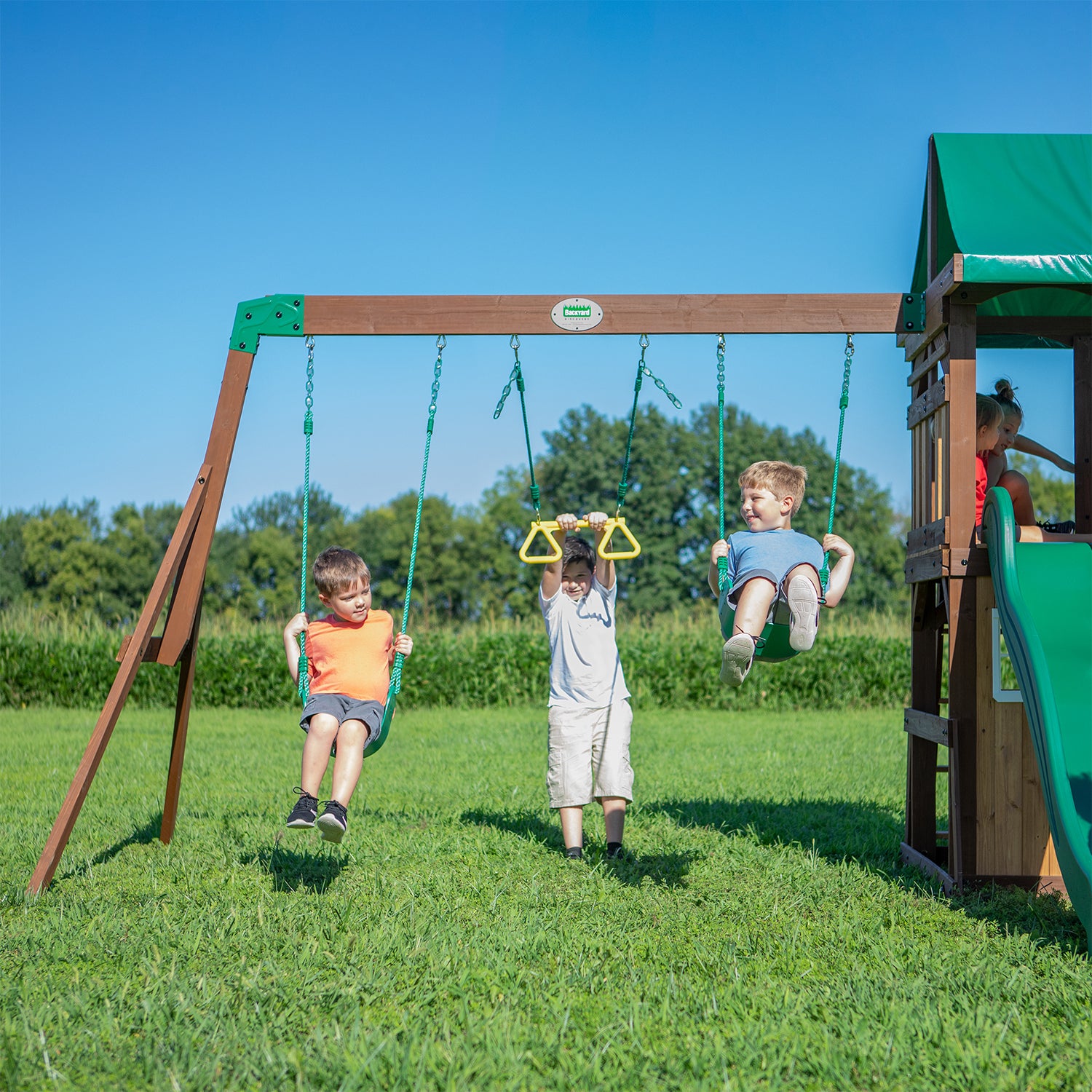 Raised Fort Play Centre, Belt Swings, Slide - Backyard Discovery