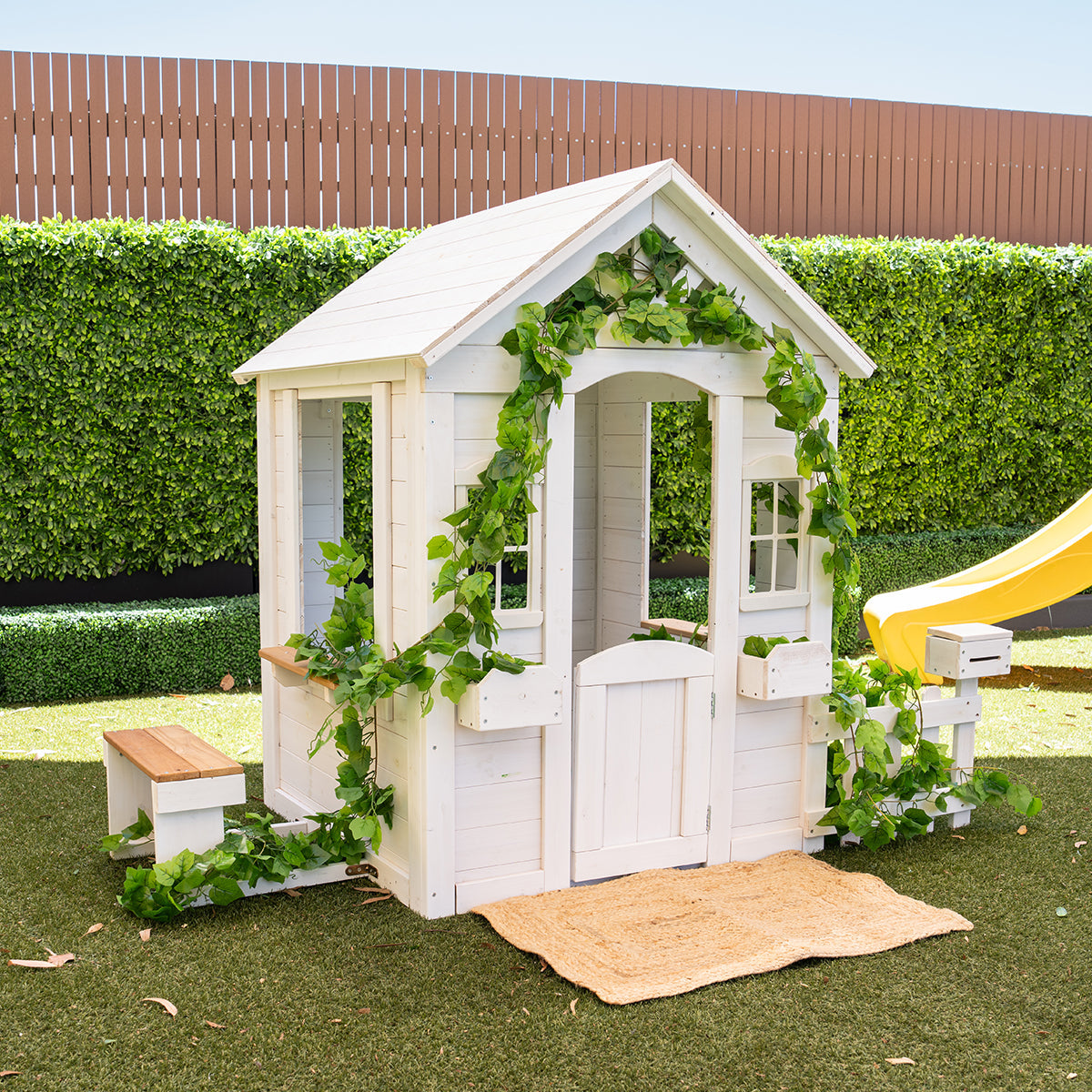 Teddy V2 Kids Cubby House White with Floor and Snack Bench