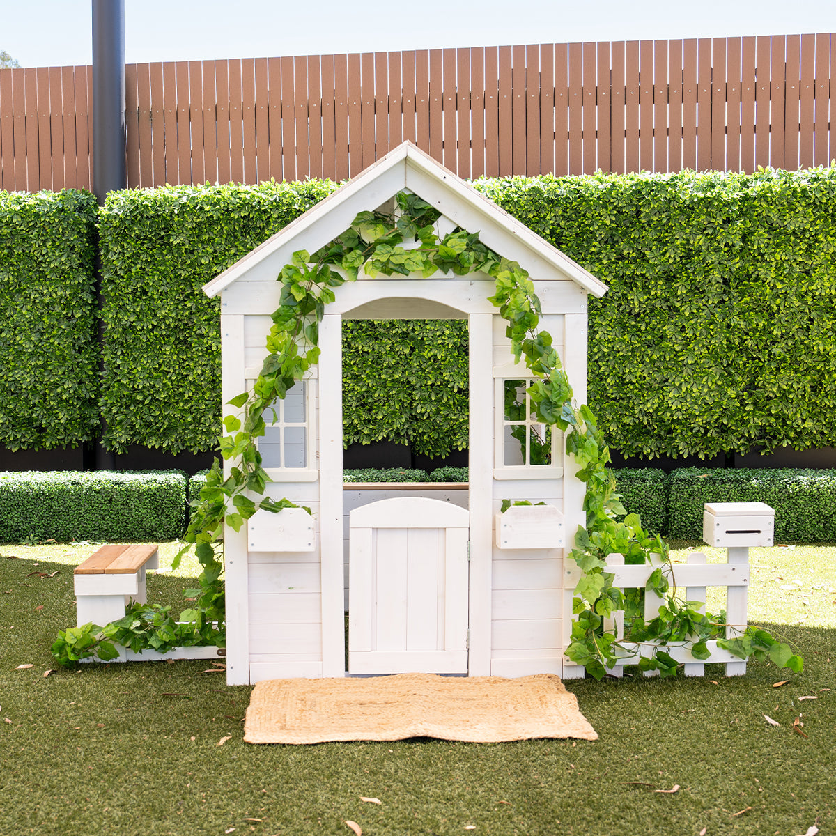Teddy V2 Kids Cubby House White with Floor and Snack Bench