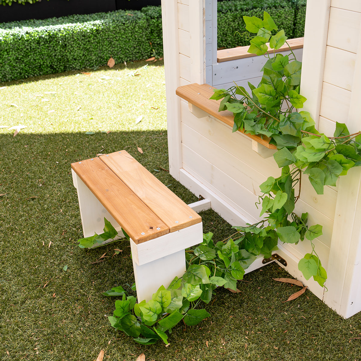Teddy V2 Kids Cubby House White with Floor and Snack Bench