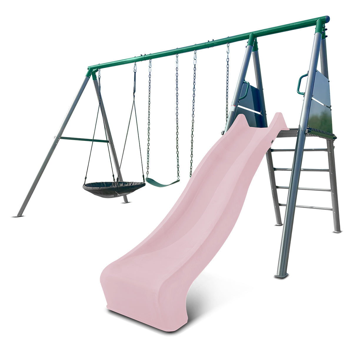 Lifespan Kids Europa Commercial Grade Steel Swing Set with Climb & 2.2m Slide Pastel Pink
