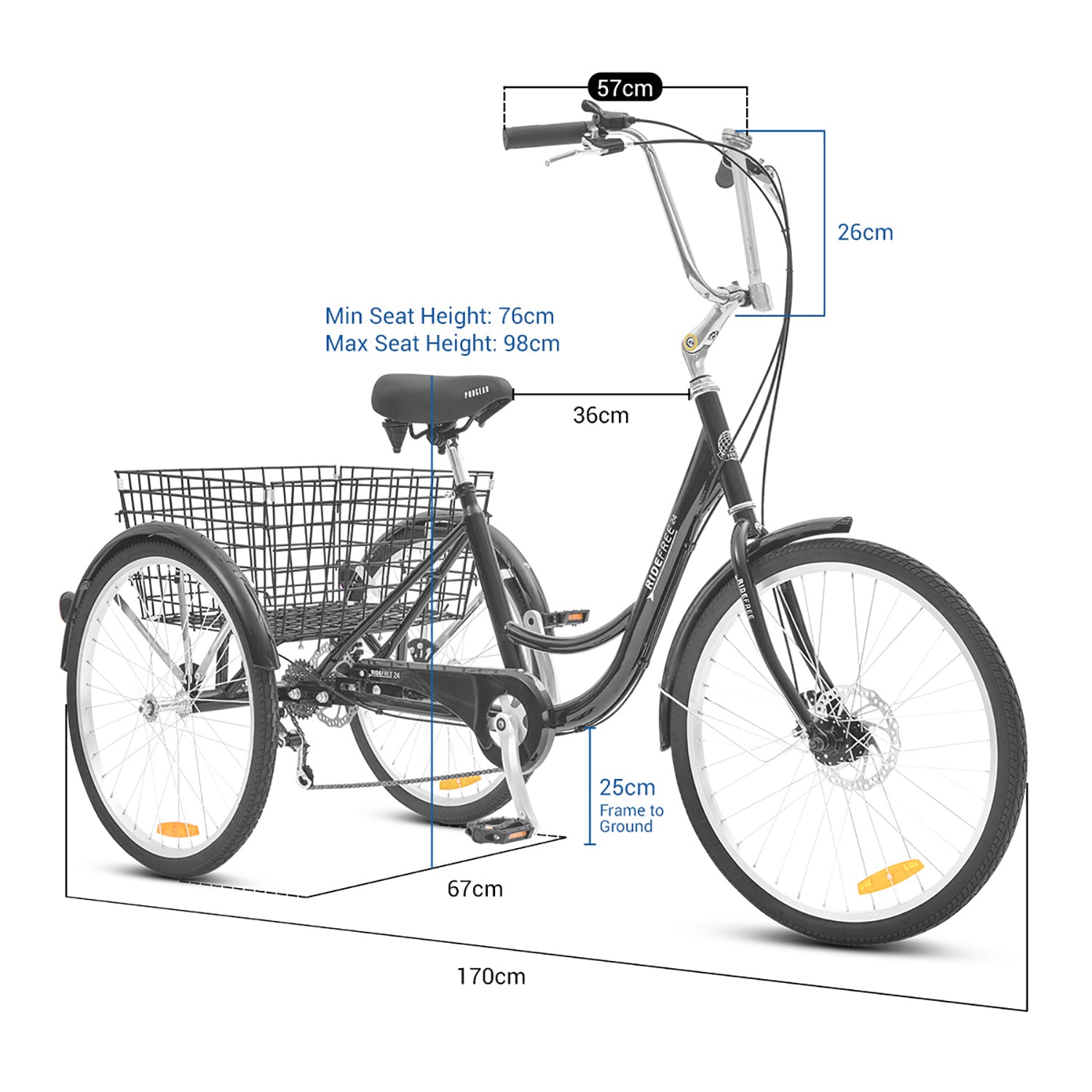 24" Steel Frame Trike with Disc Brakes and Rear Basket