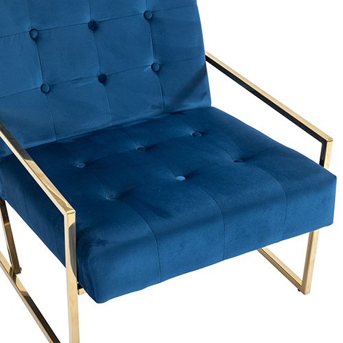 Arm Chair Blue Velvet Fabric Golden Metal Base