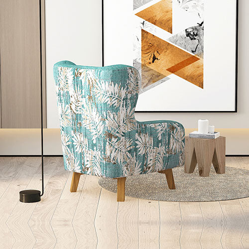 Floral High-Back Linen Armchair with Wooden Legs