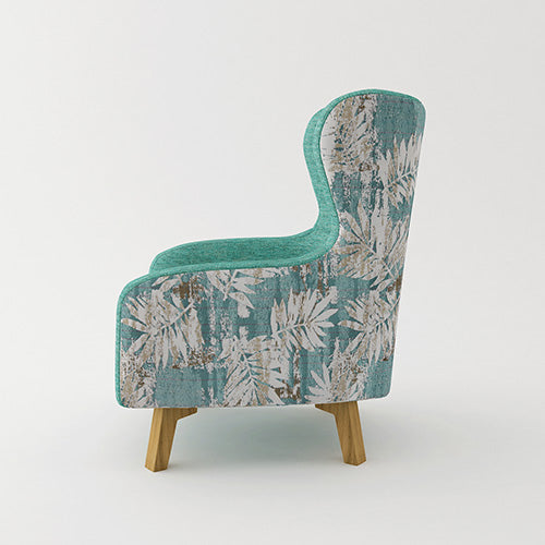 Floral High-Back Linen Armchair with Wooden Legs