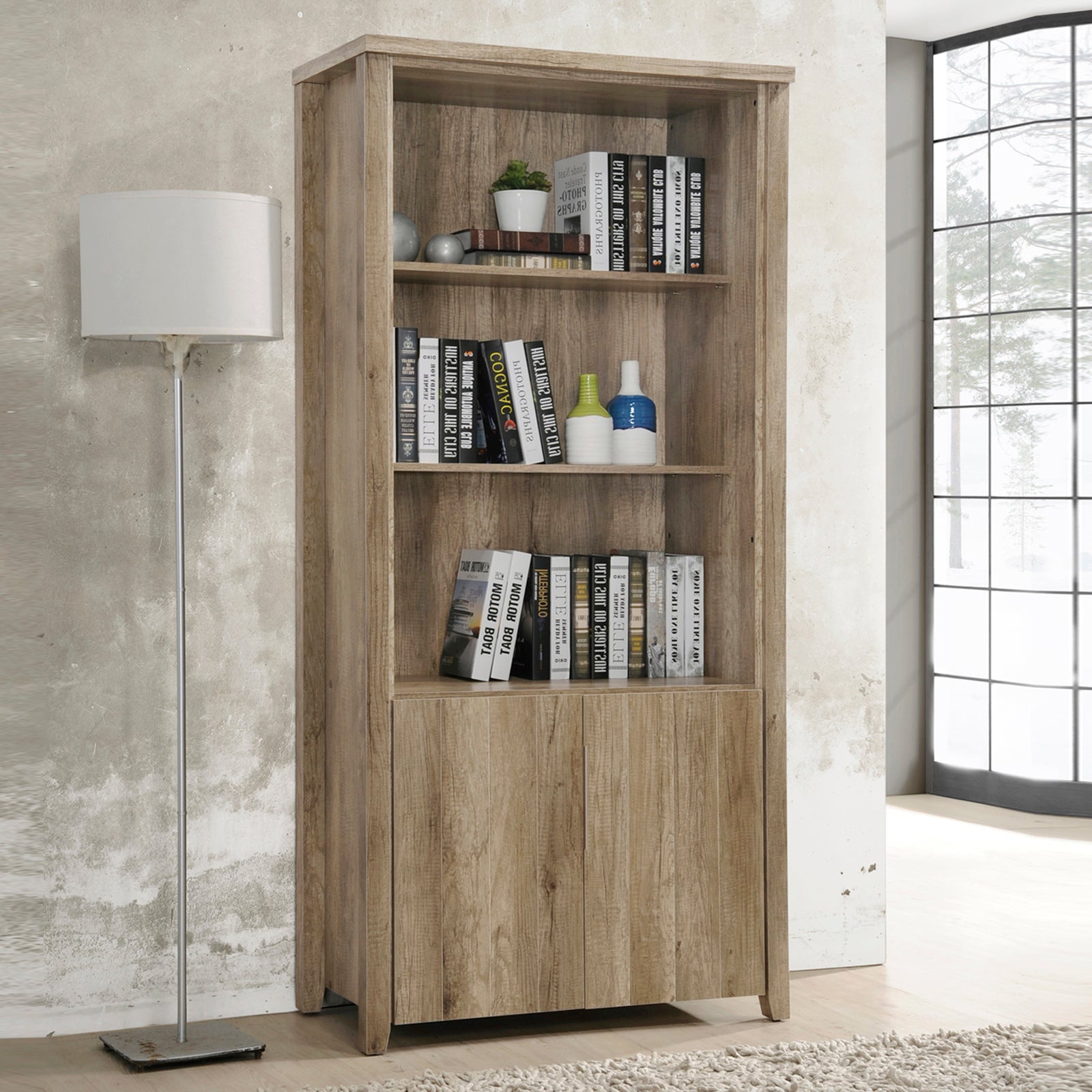 Natural Wood MDF Bookshelf with Ample Storage & Metal Joints