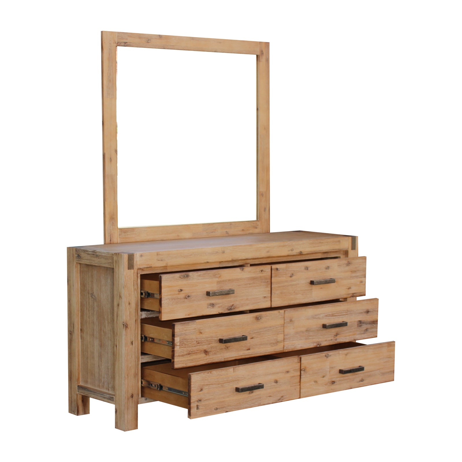 4 Pieces Bedroom Suite in Solid Wood Veneered Acacia Construction Timber Slat King Size Chocolate Colour Bed, Bedside Table & Dresser