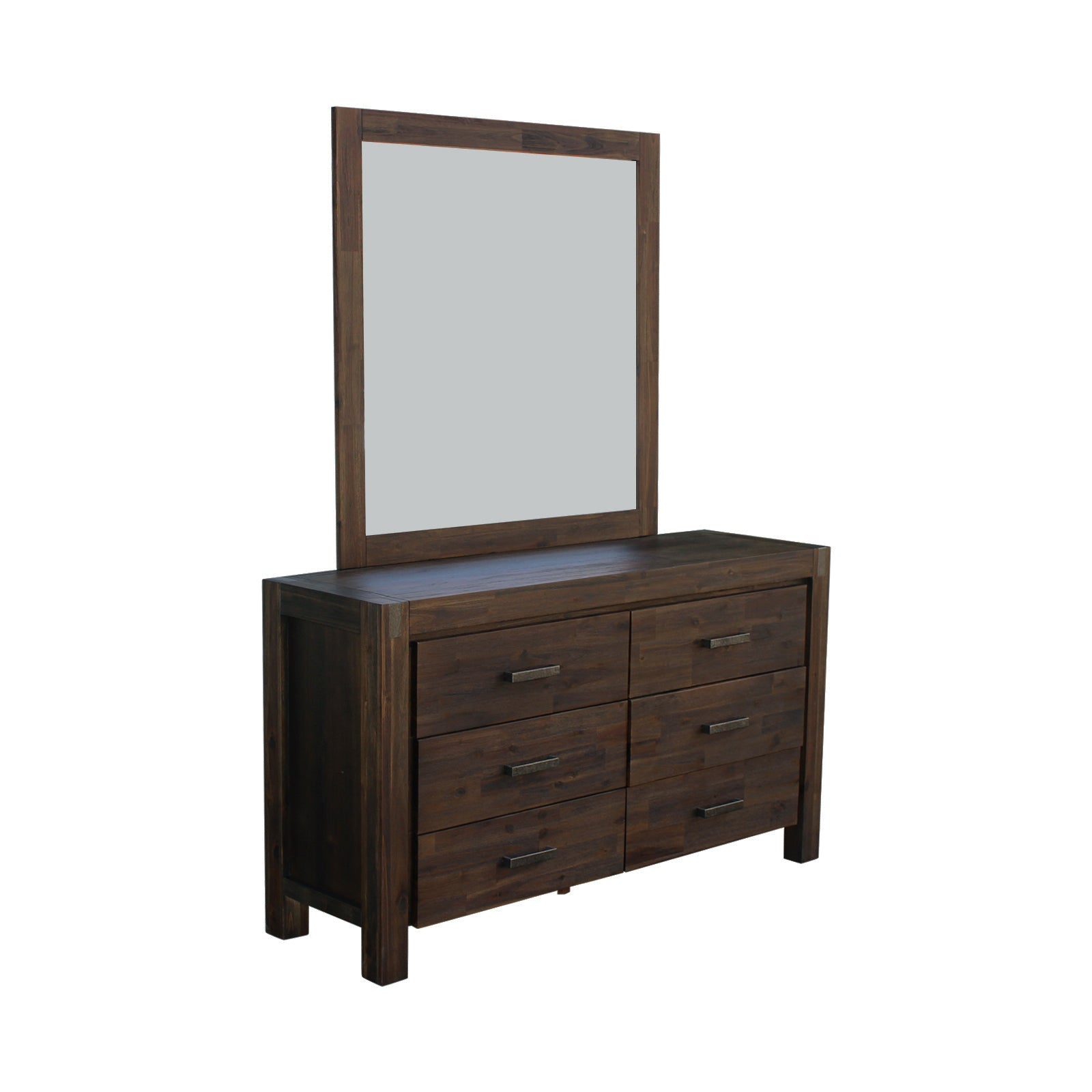 4 Pieces Bedroom Suite in Solid Wood Veneered Acacia Construction Timber Slat Queen Size Chocolate Colour Bed, Bedside Table & Dresser