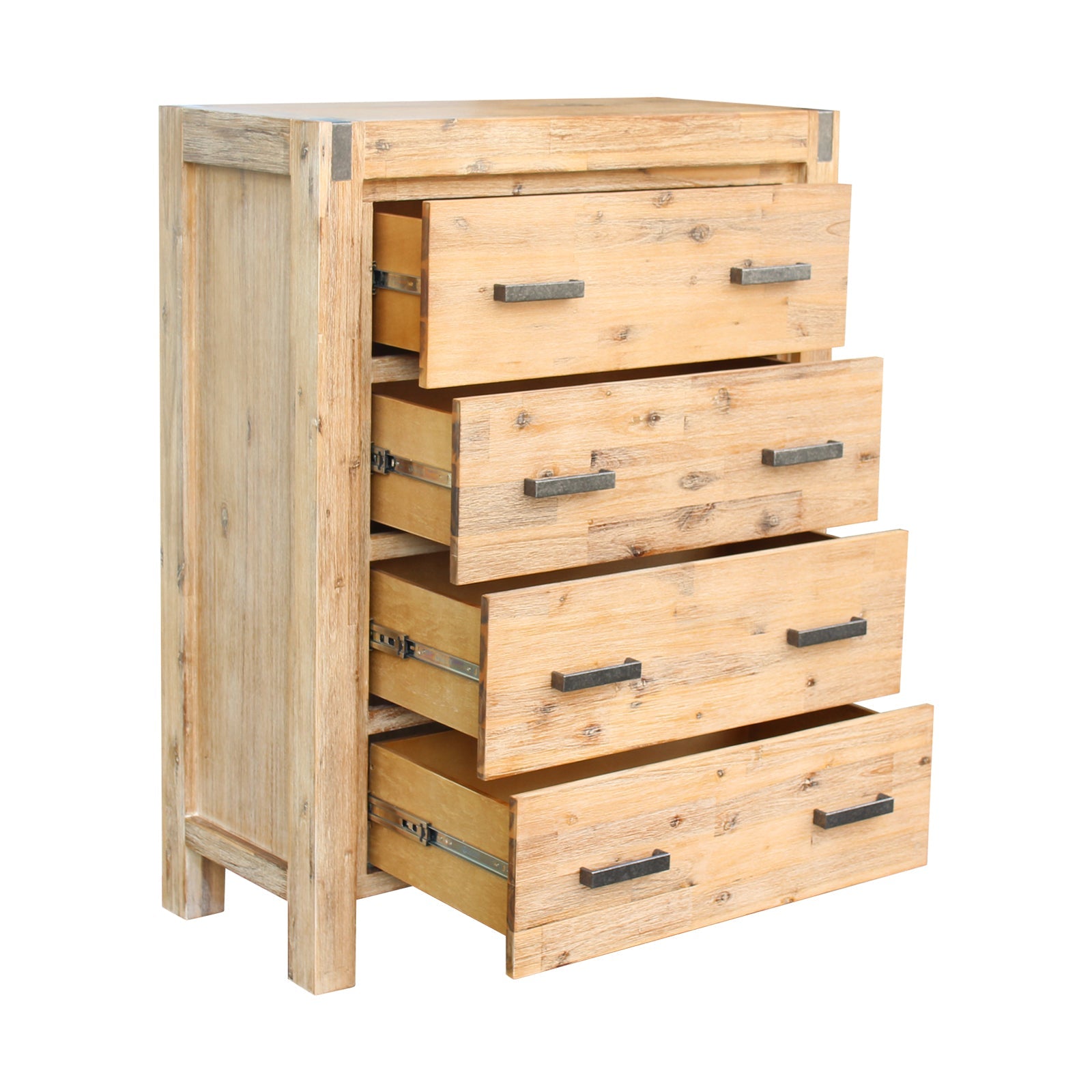 4 Pieces Bedroom Suite in Solid Wood Veneered Acacia Construction Timber Slat Double Size Oak Colour Bed, Bedside Table & Tallboy