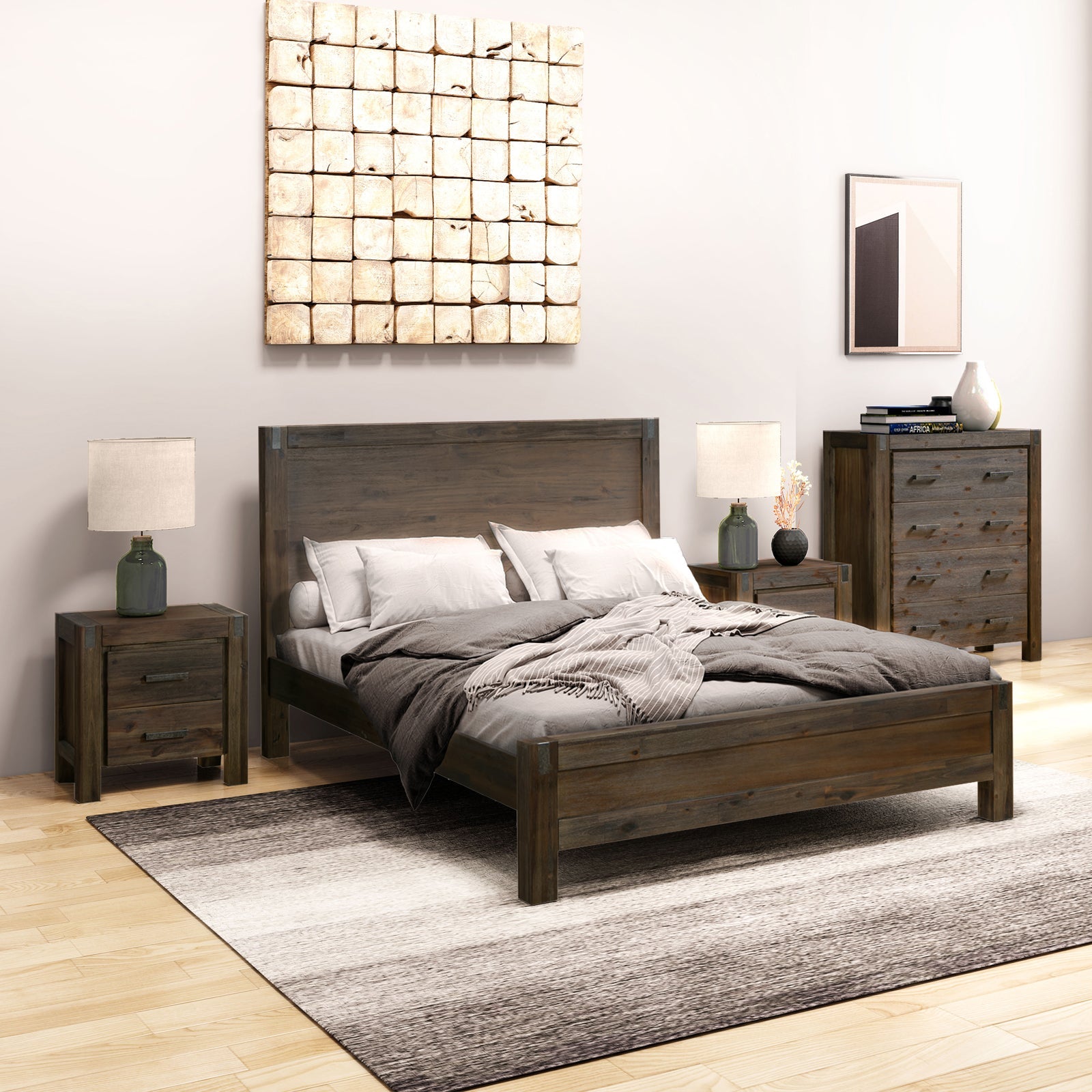 4 Pieces Bedroom Suite in Solid Wood Veneered Acacia Construction Timber Slat King Size Chocolate Colour Bed, Bedside Table & Tallboy