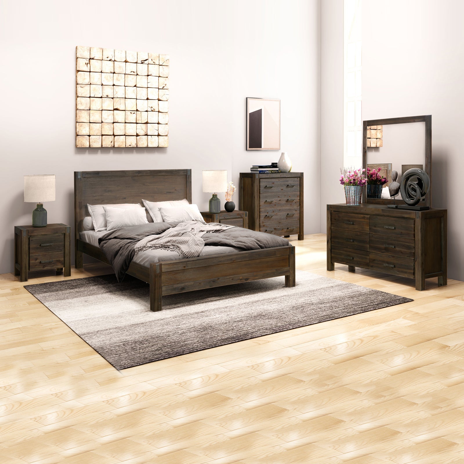 5 Pieces Bedroom Suite in Solid Wood Veneered Acacia Construction Timber Slat King Size Chocolate Colour Bed, Bedside Table , Tallboy & Dresser