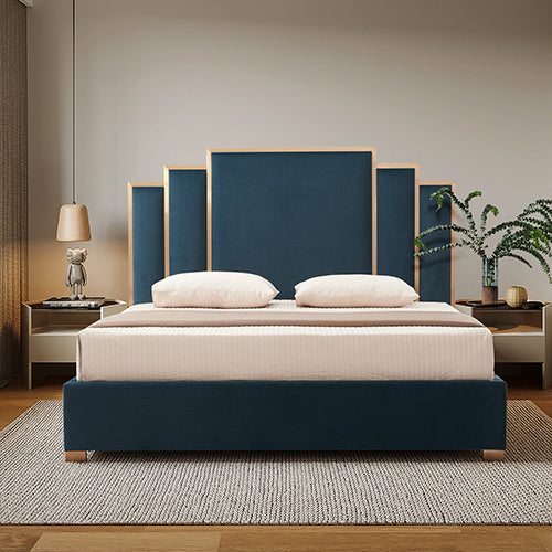 Upholstered Turquoise Bed Frame, Blue Fabric, Stainless Steel Feet