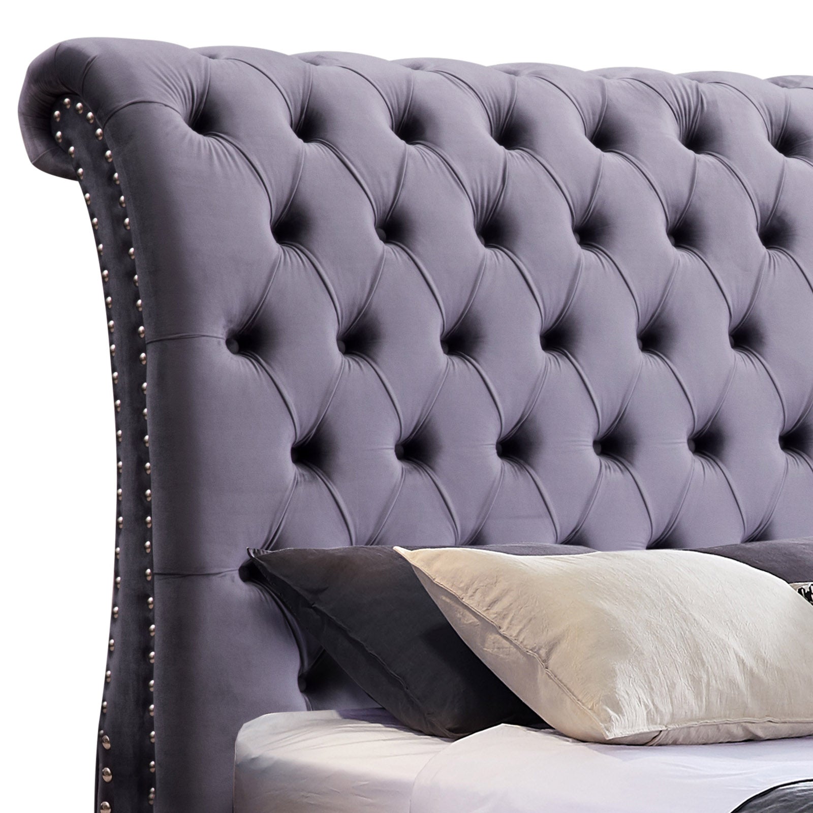 Velvet Upholstered King Sleigh Bedframe with Tufted Headboard