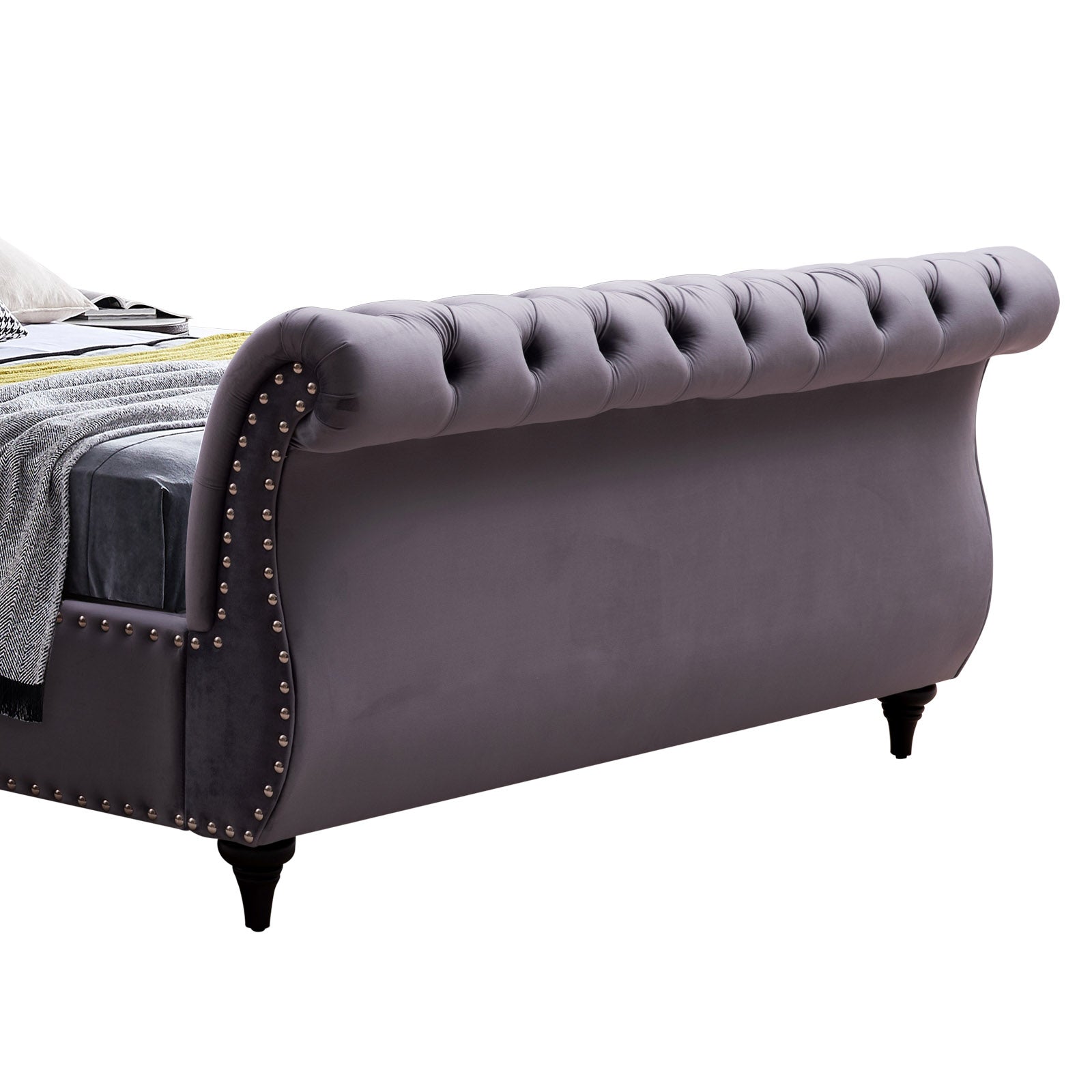 Velvet Upholstered King Sleigh Bedframe with Tufted Headboard