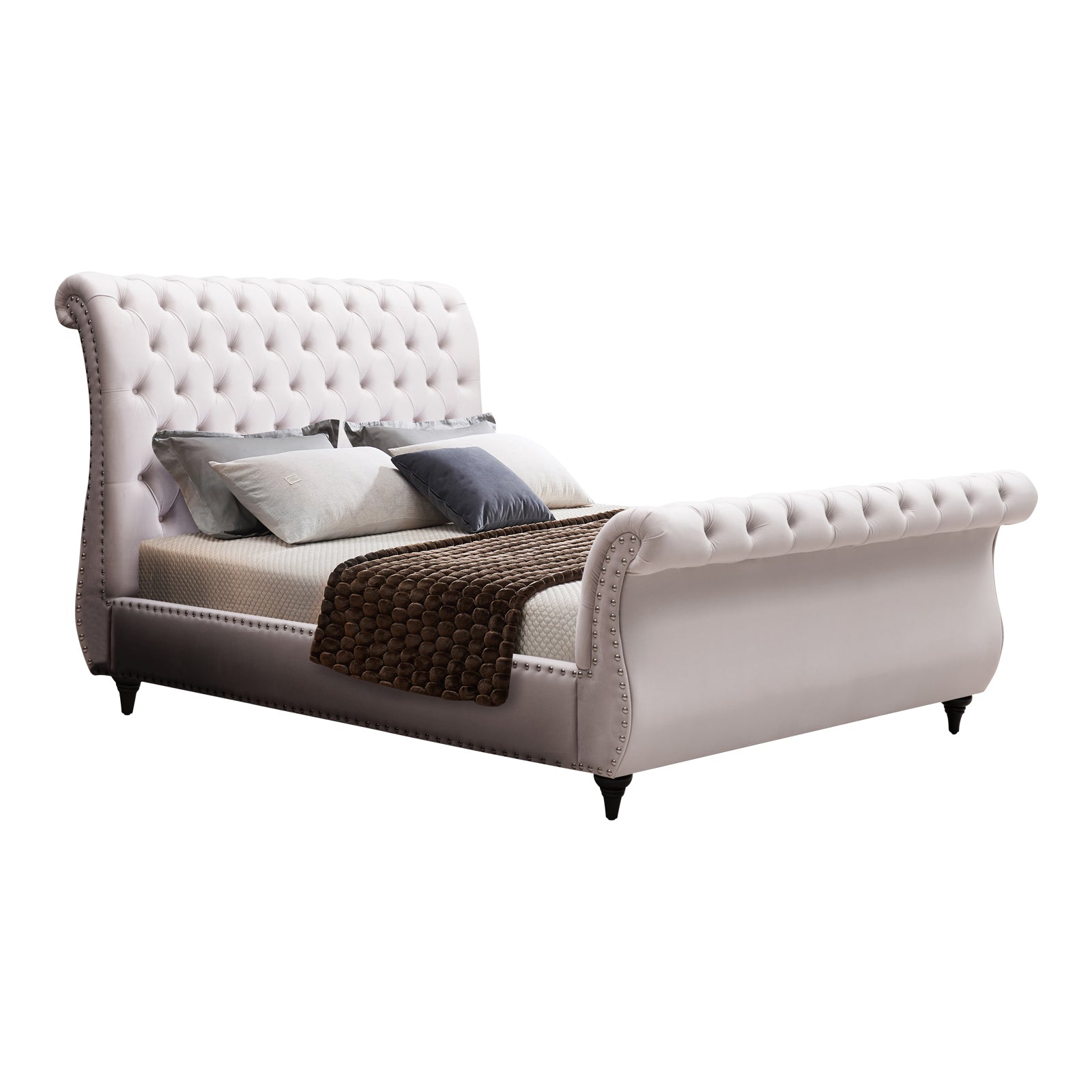 Royal Velvet Upholstered Queen Sleigh Bedframe, Tufted Design