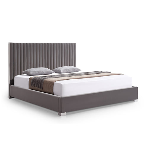 Modern Grey Upholstered Bed Frame, Stainless Steel Feet